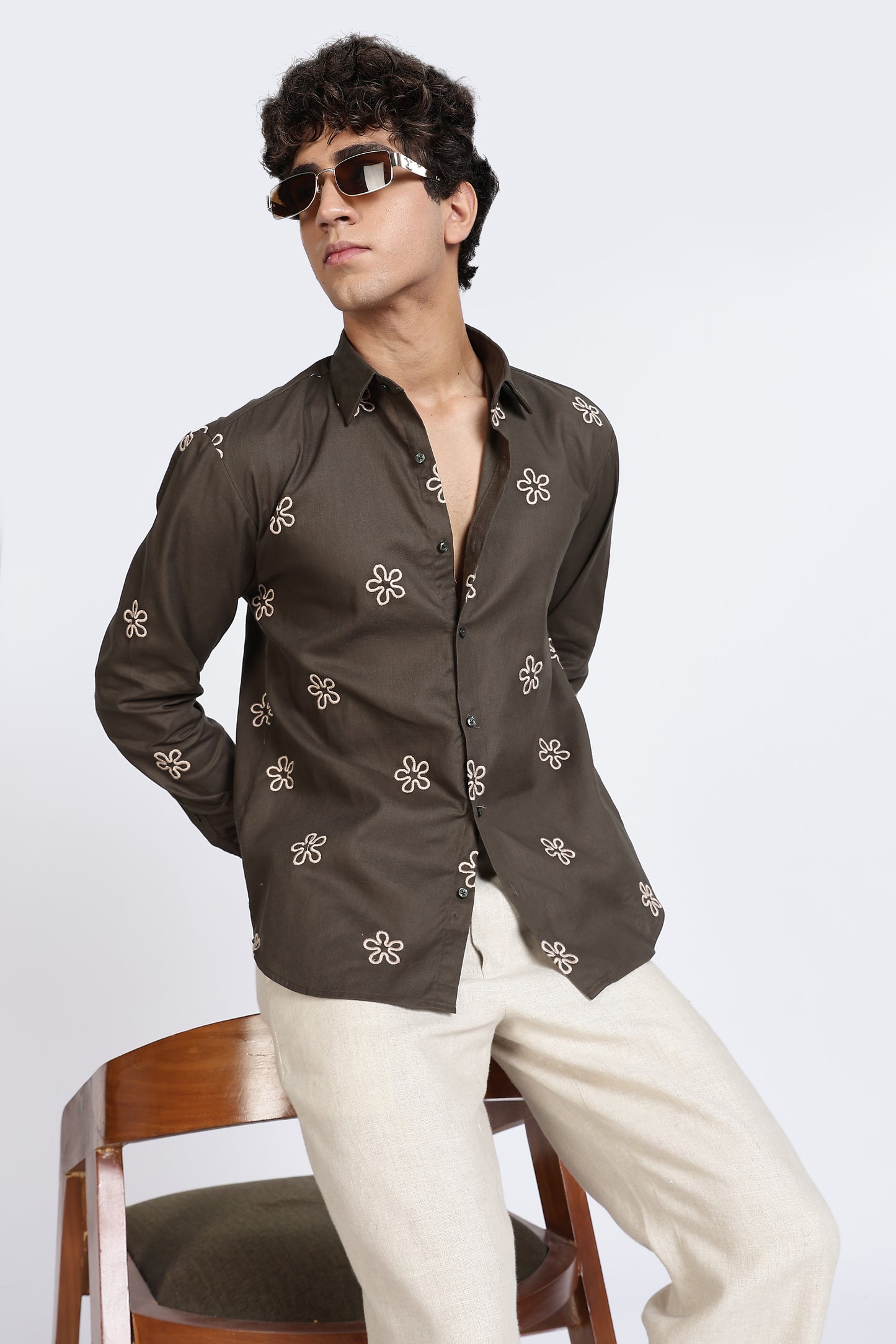 Olive Green Embroidered floral Designer Shirt Regular Fit
