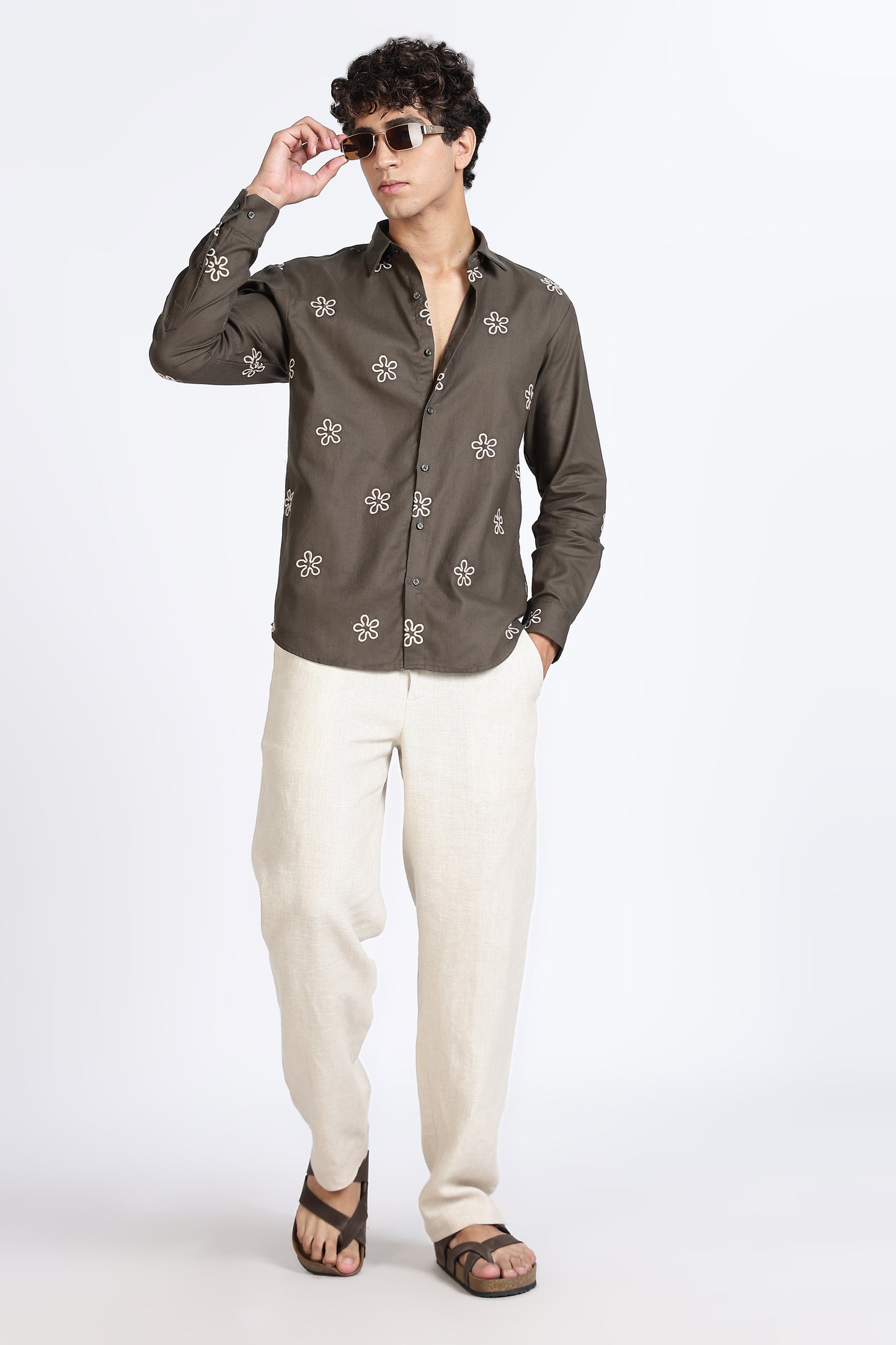 Olive Green Embroidered floral Designer Shirt Regular Fit