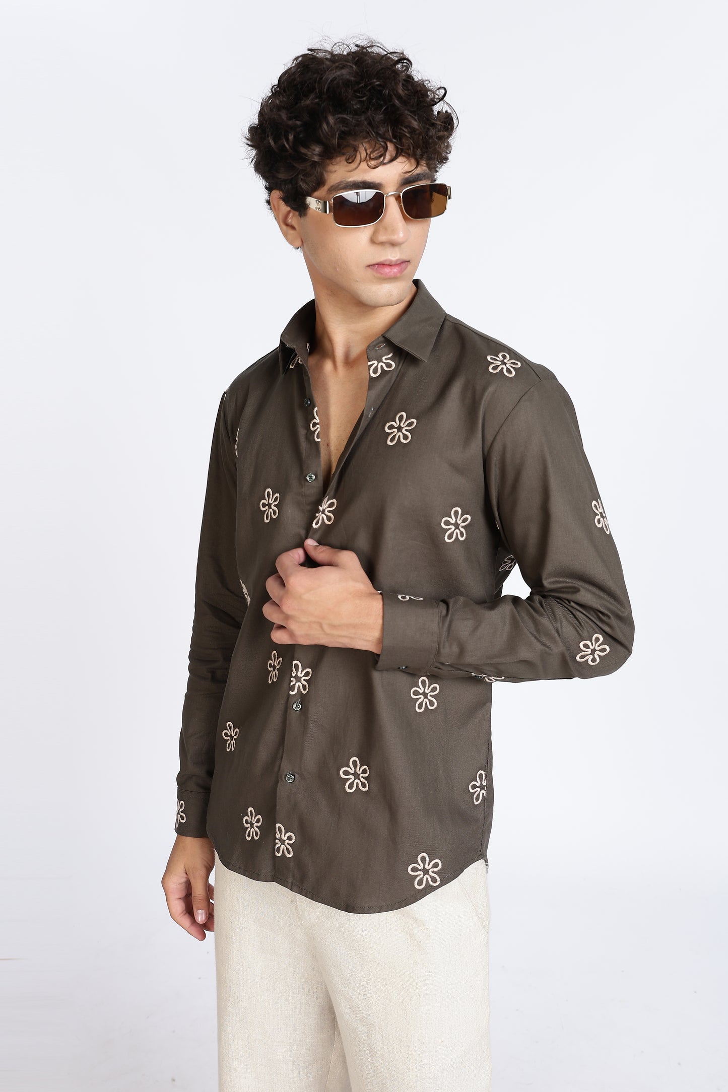 Olive Green Embroidered floral Designer Shirt Regular Fit