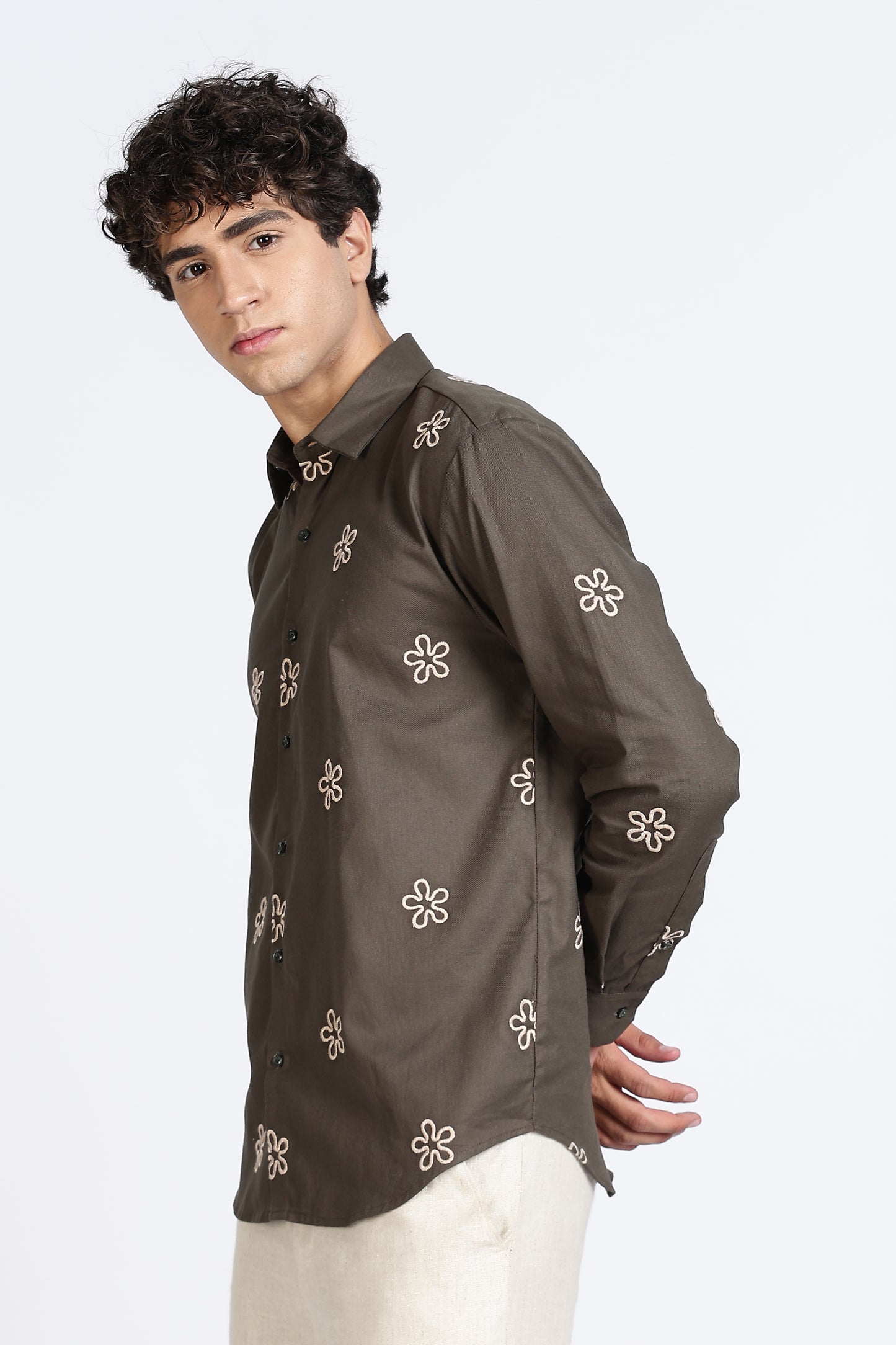 Olive Green Embroidered floral Designer Shirt Regular Fit