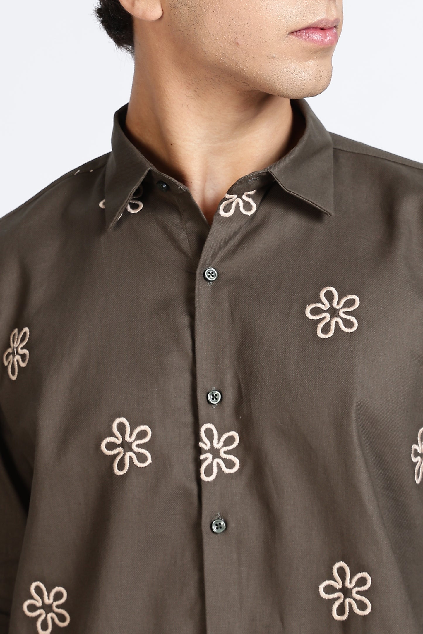 Olive Green Embroidered floral Designer Shirt Regular Fit