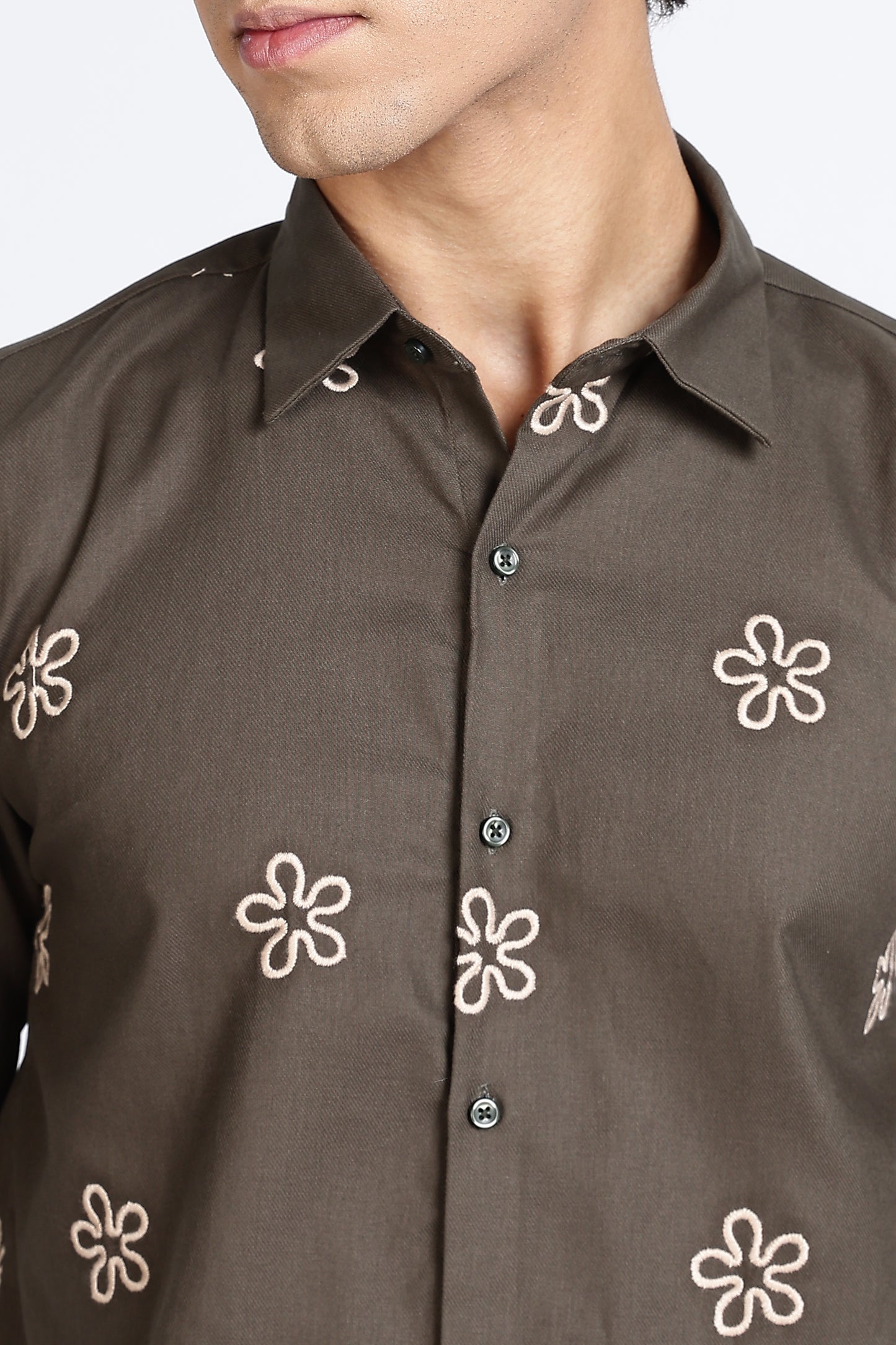 Olive Green Embroidered floral Designer Shirt Regular Fit