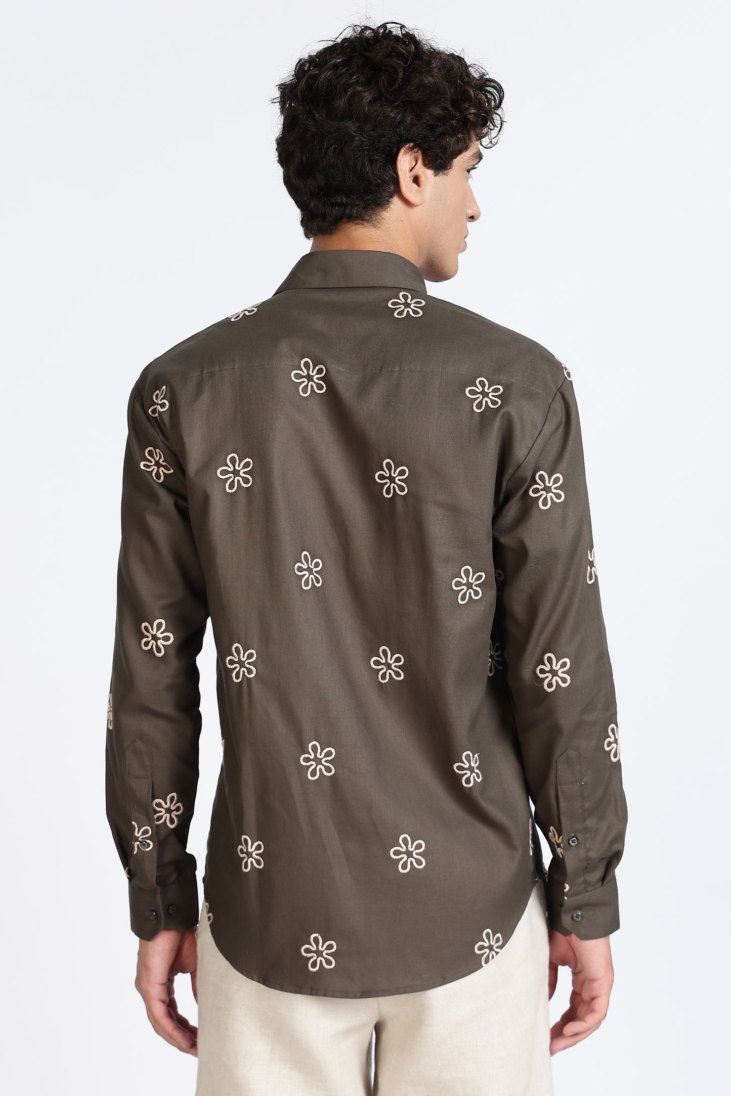 Olive Green Embroidered floral Designer Shirt Regular Fit