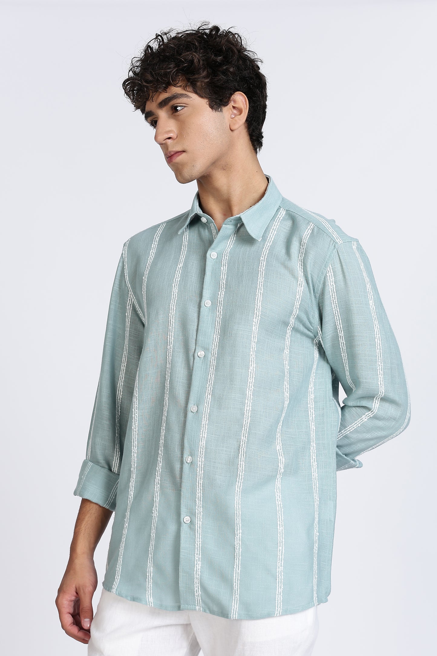 Regular Fit Mint Green Textured Linen Shirt