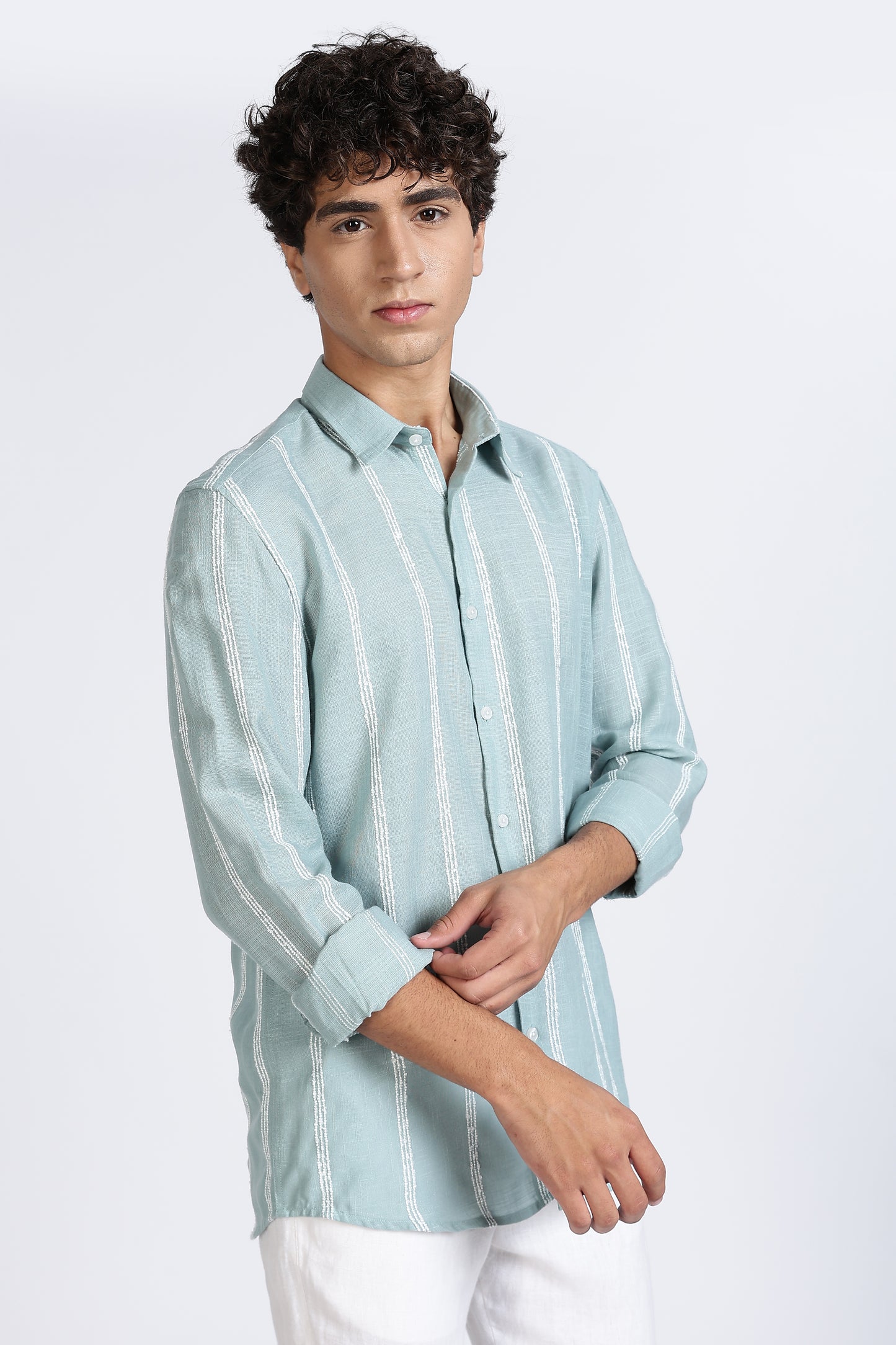 Regular Fit Mint Green Textured Linen Shirt