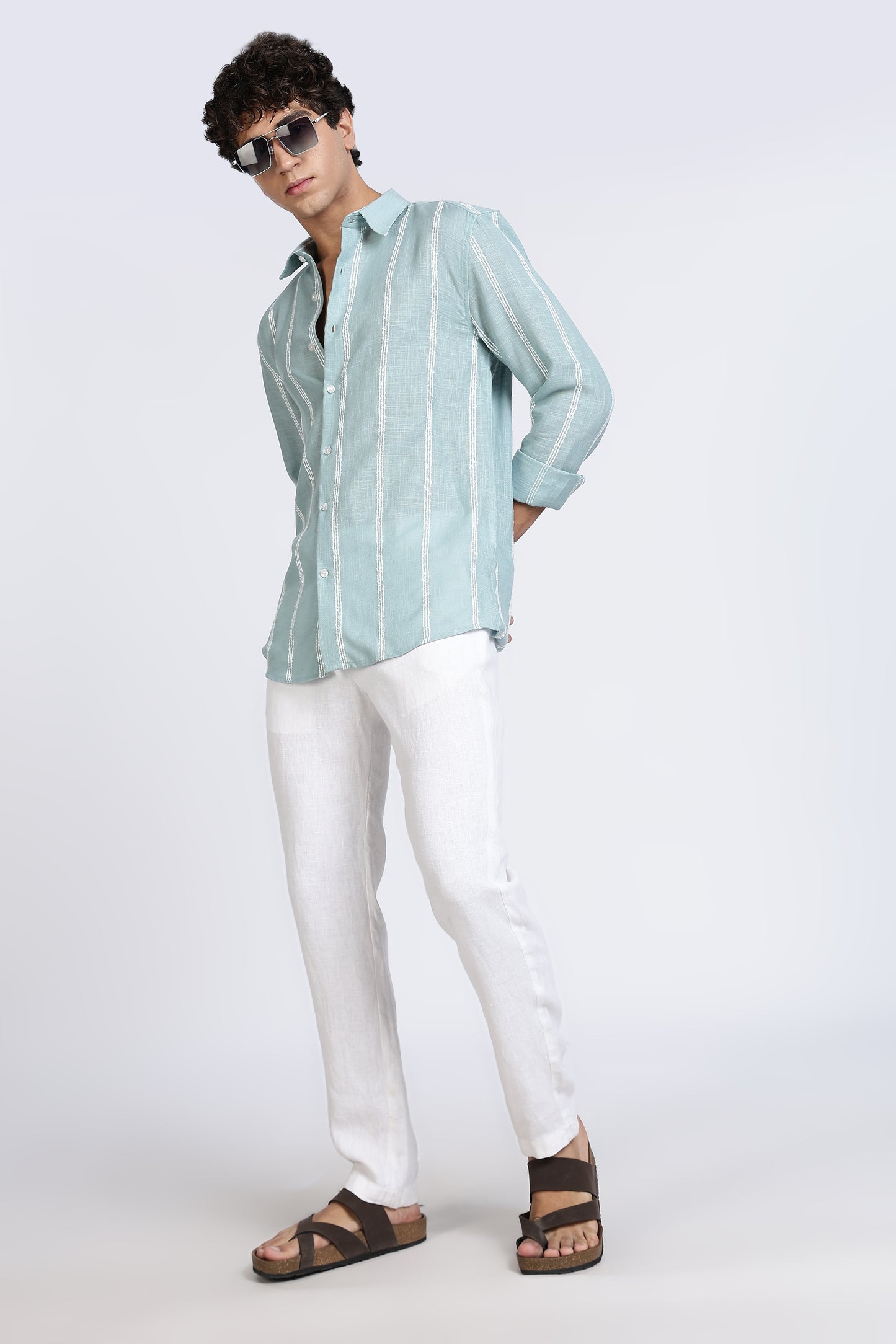 Regular Fit Mint Green Textured Linen Shirt