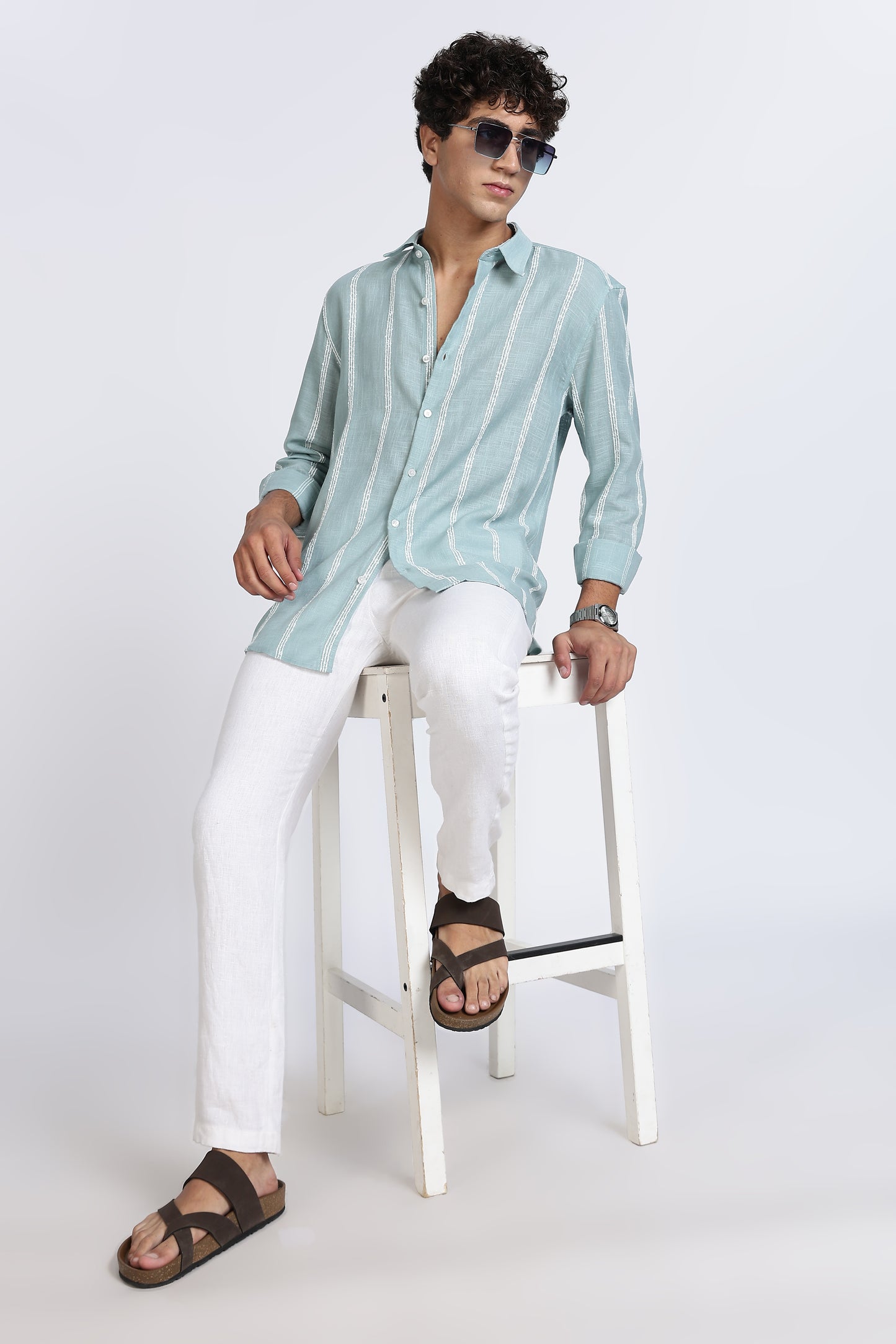 Regular Fit Mint Green Textured Linen Shirt