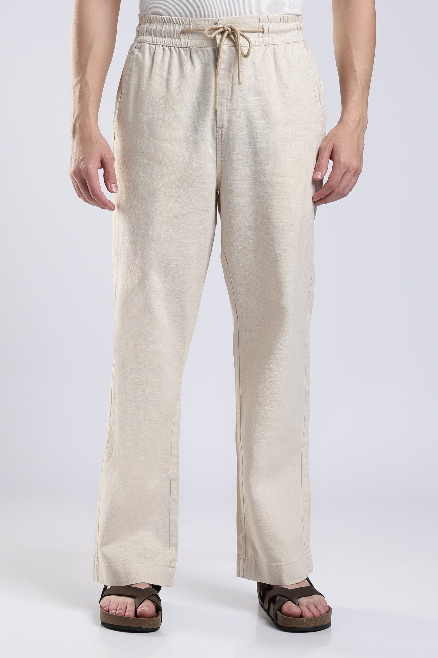 Linen Beige Straight Fit Pants .