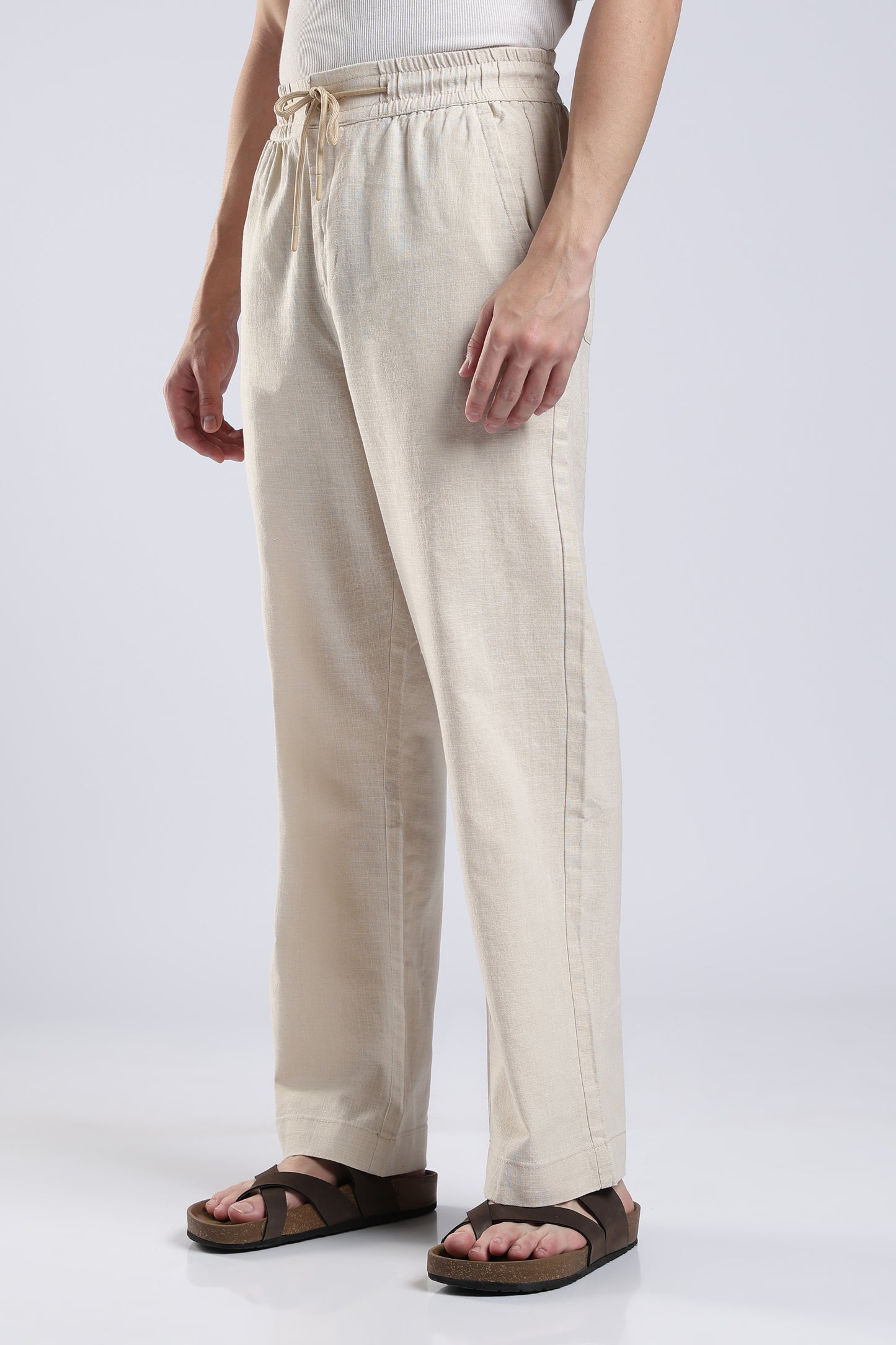 Linen Beige Straight Fit Pants .