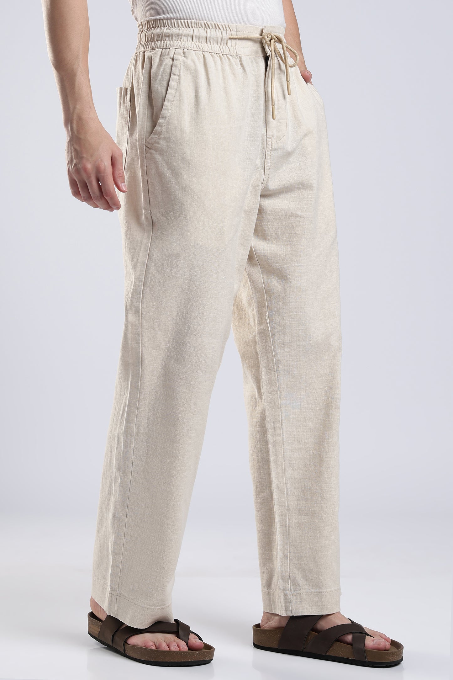 Linen Beige Straight Fit Pants .