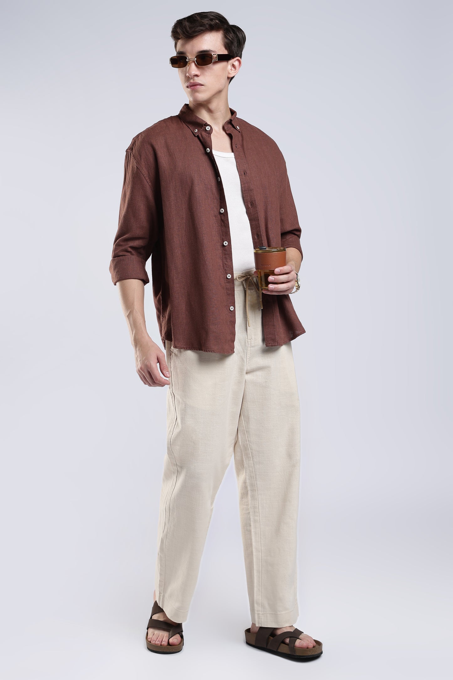 Linen Beige Straight Fit Pants .