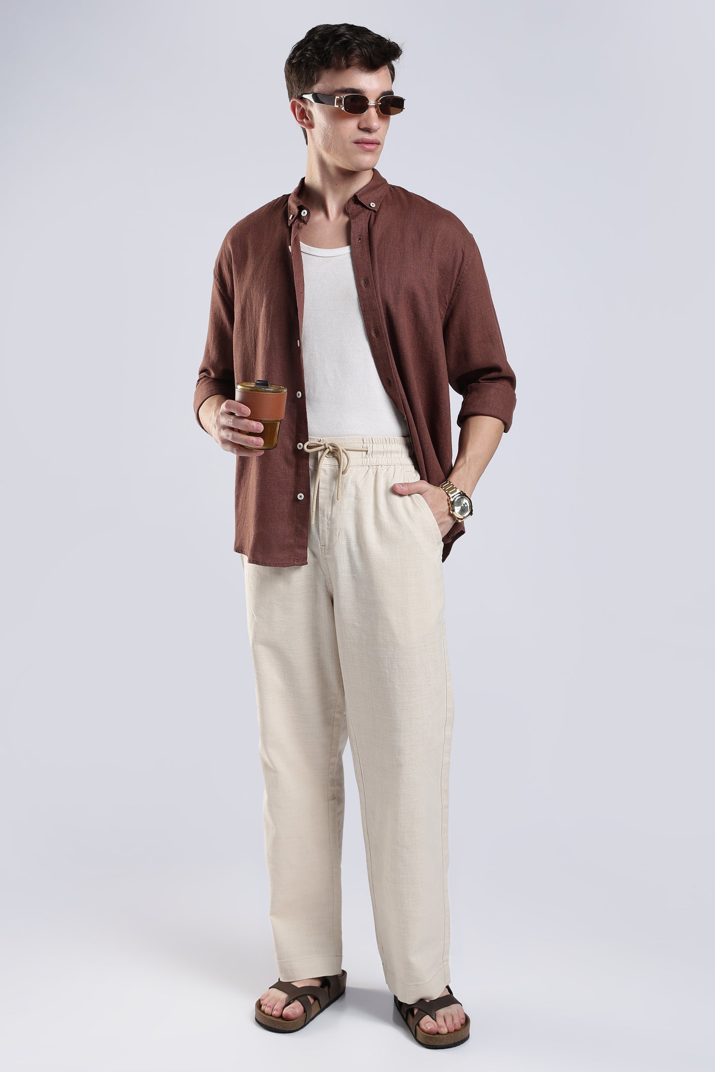 Linen Beige Straight Fit Pants .