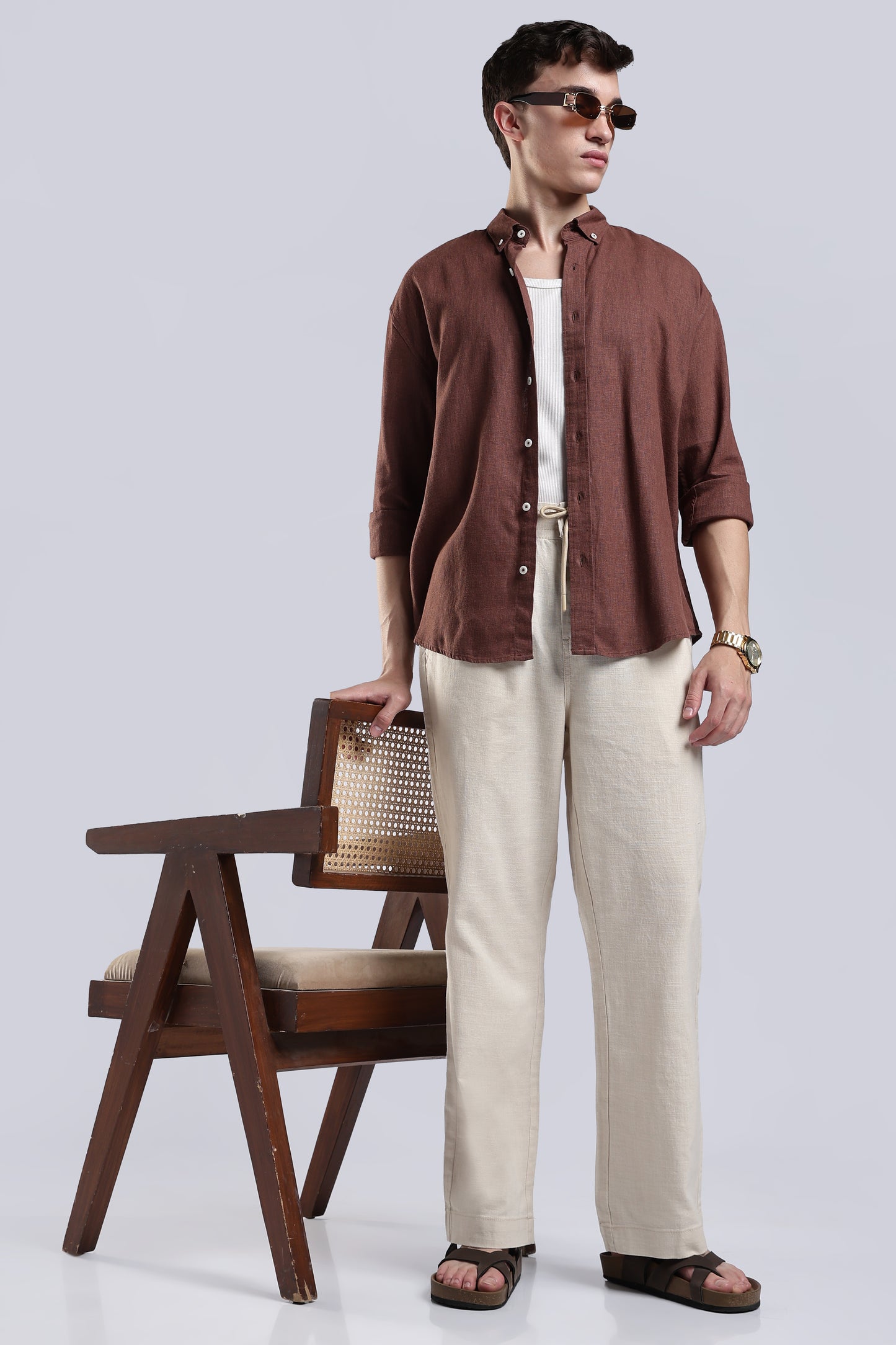 Linen Beige Straight Fit Pants .