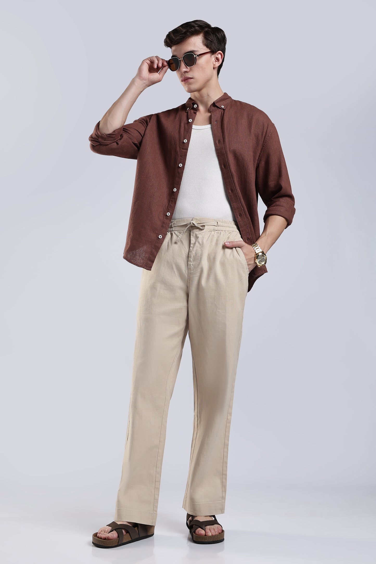 Linen Button Finish Light Beige Straight Fit Pants