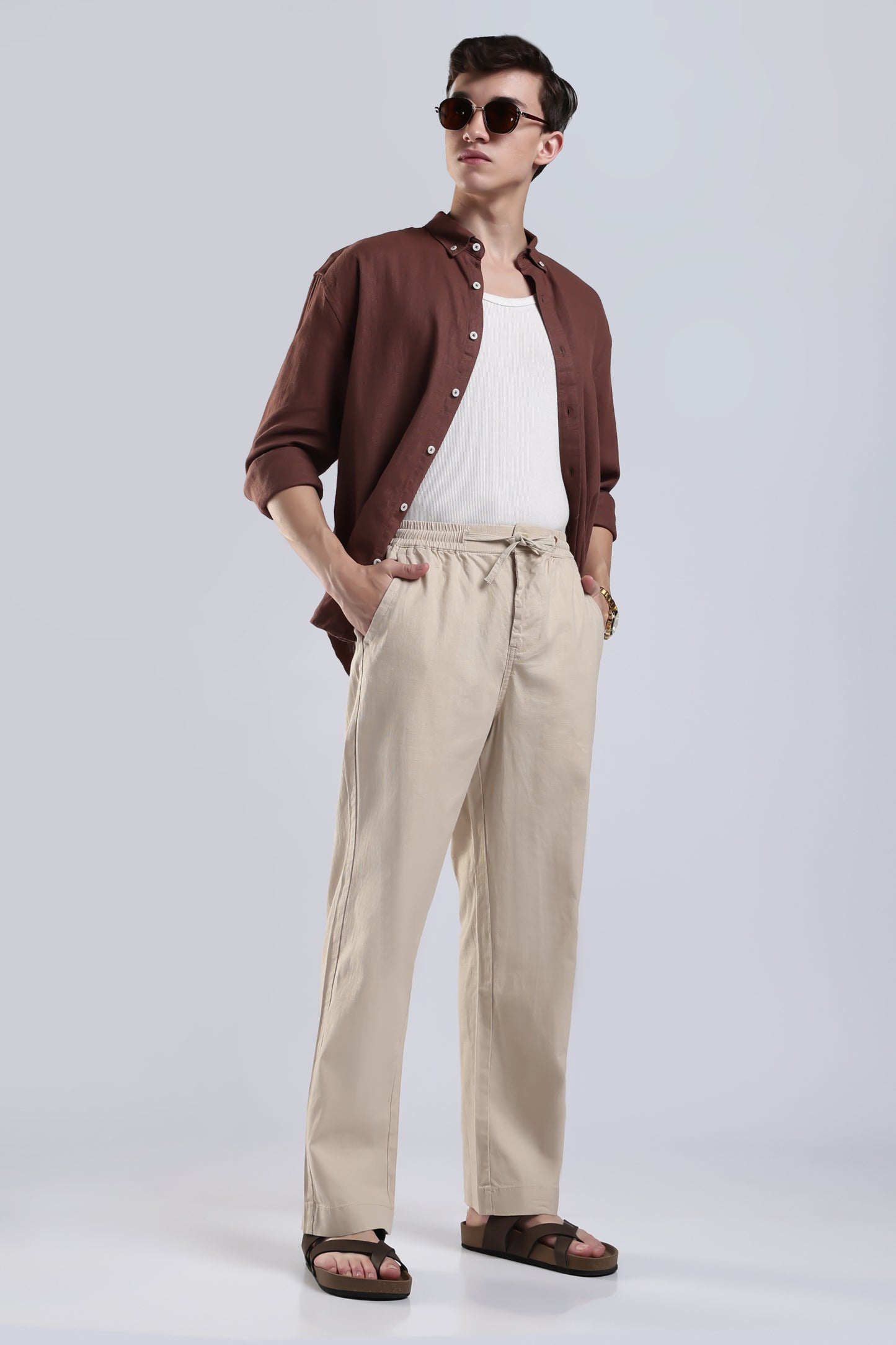 Linen Button Finish Light Beige Straight Fit Pants