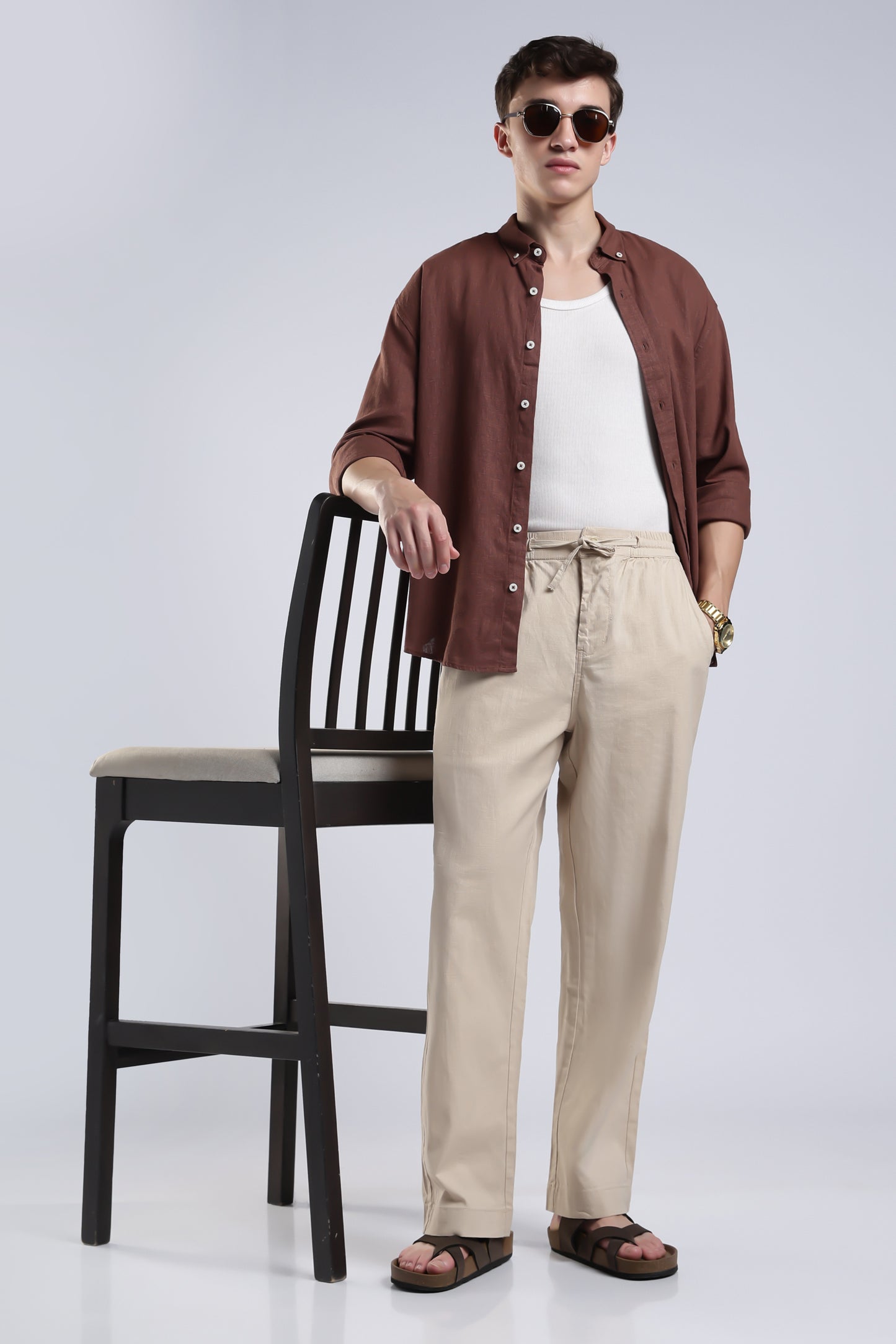 Linen Button Finish Light Beige Straight Fit Pants