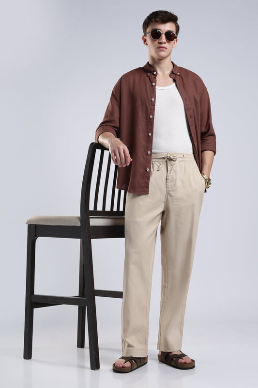 Linen Button Finish Light Beige Straight Fit Pants