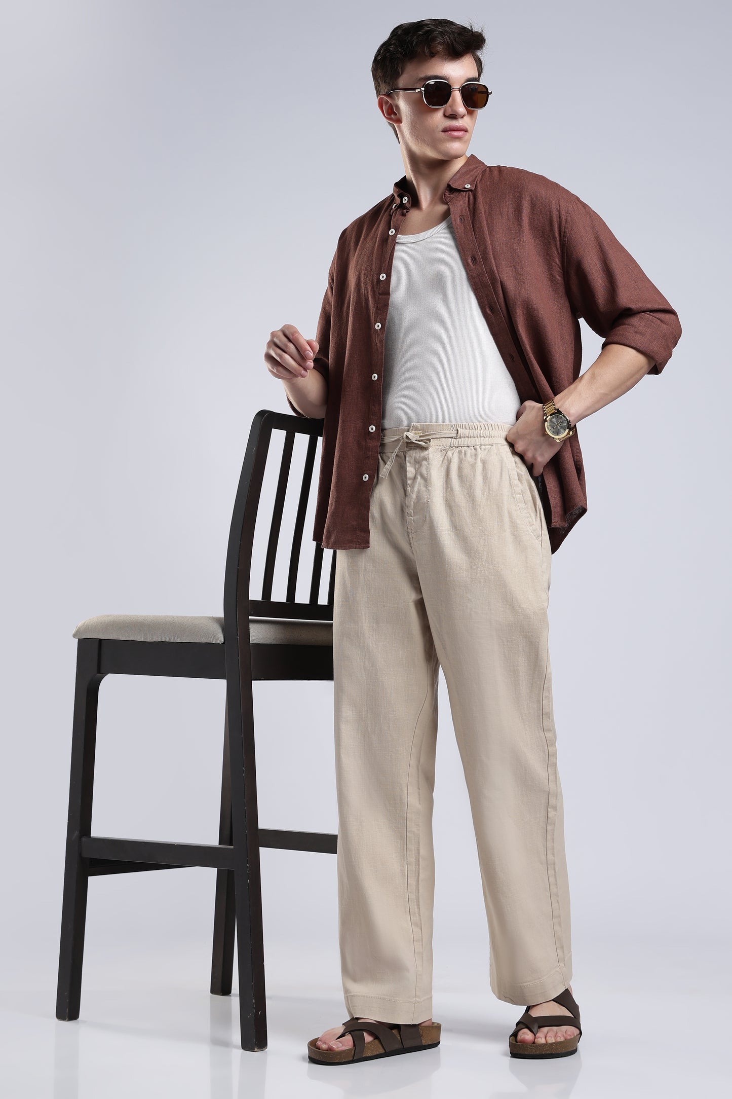 Linen Button Finish Light Beige Straight Fit Pants