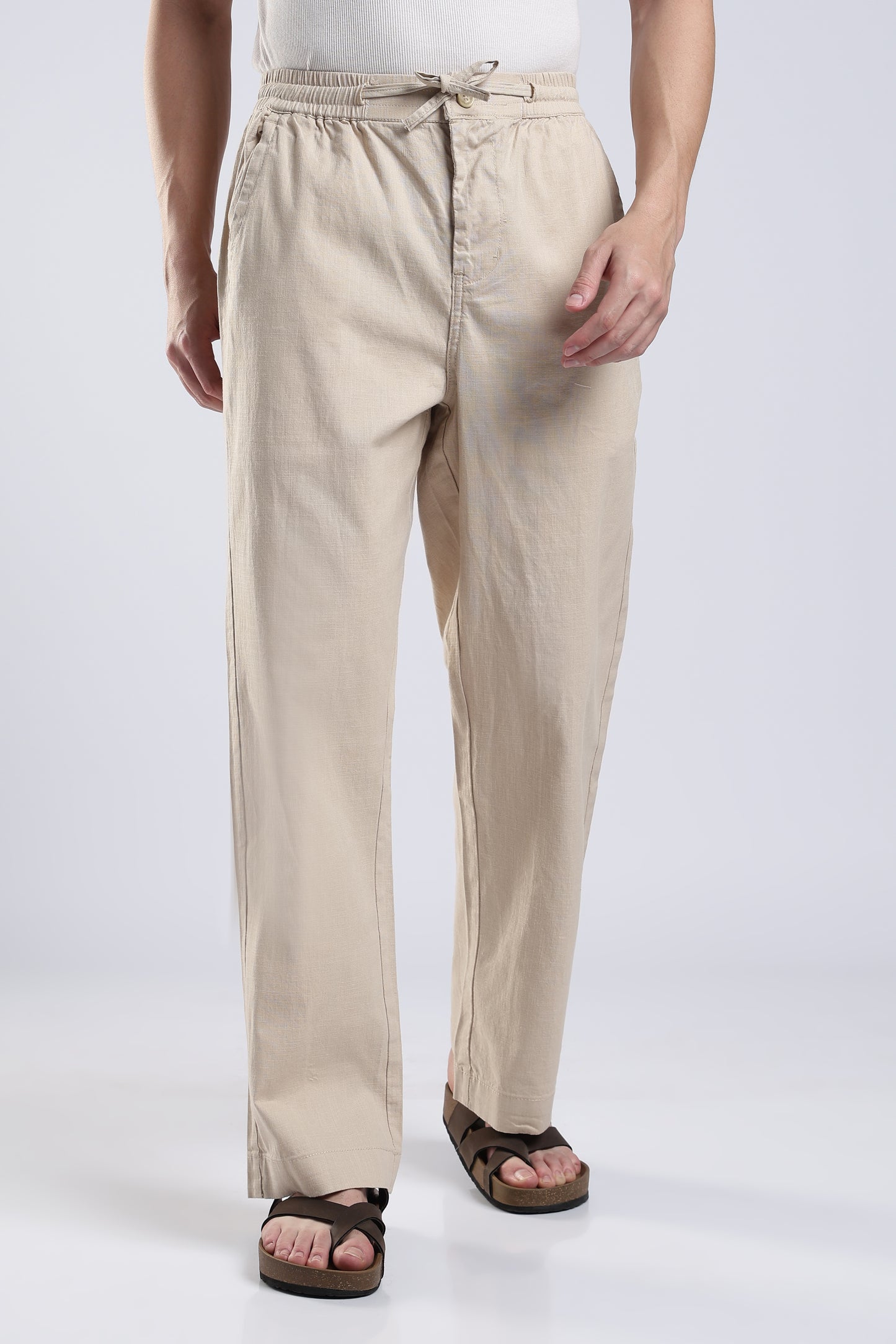 Linen Button Finish Light Beige Straight Fit Pants