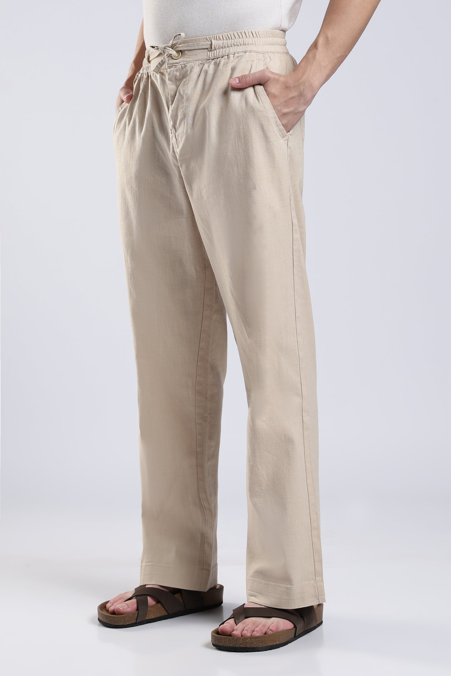 Linen Button Finish Light Beige Straight Fit Pants