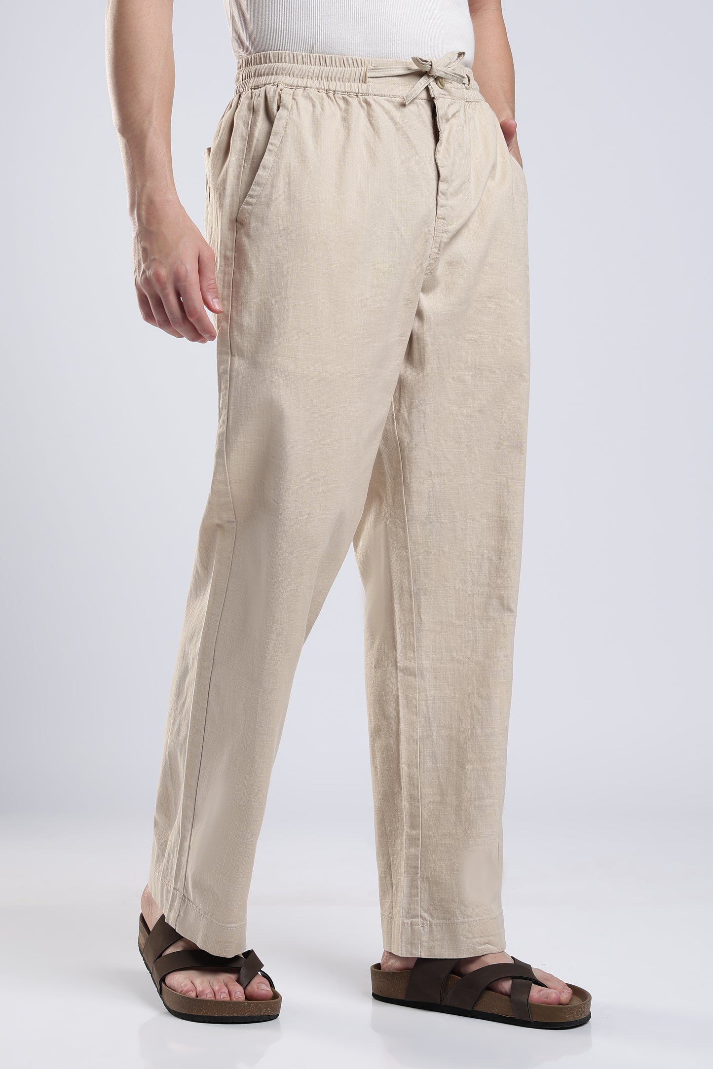 Linen Button Finish Light Beige Straight Fit Pants