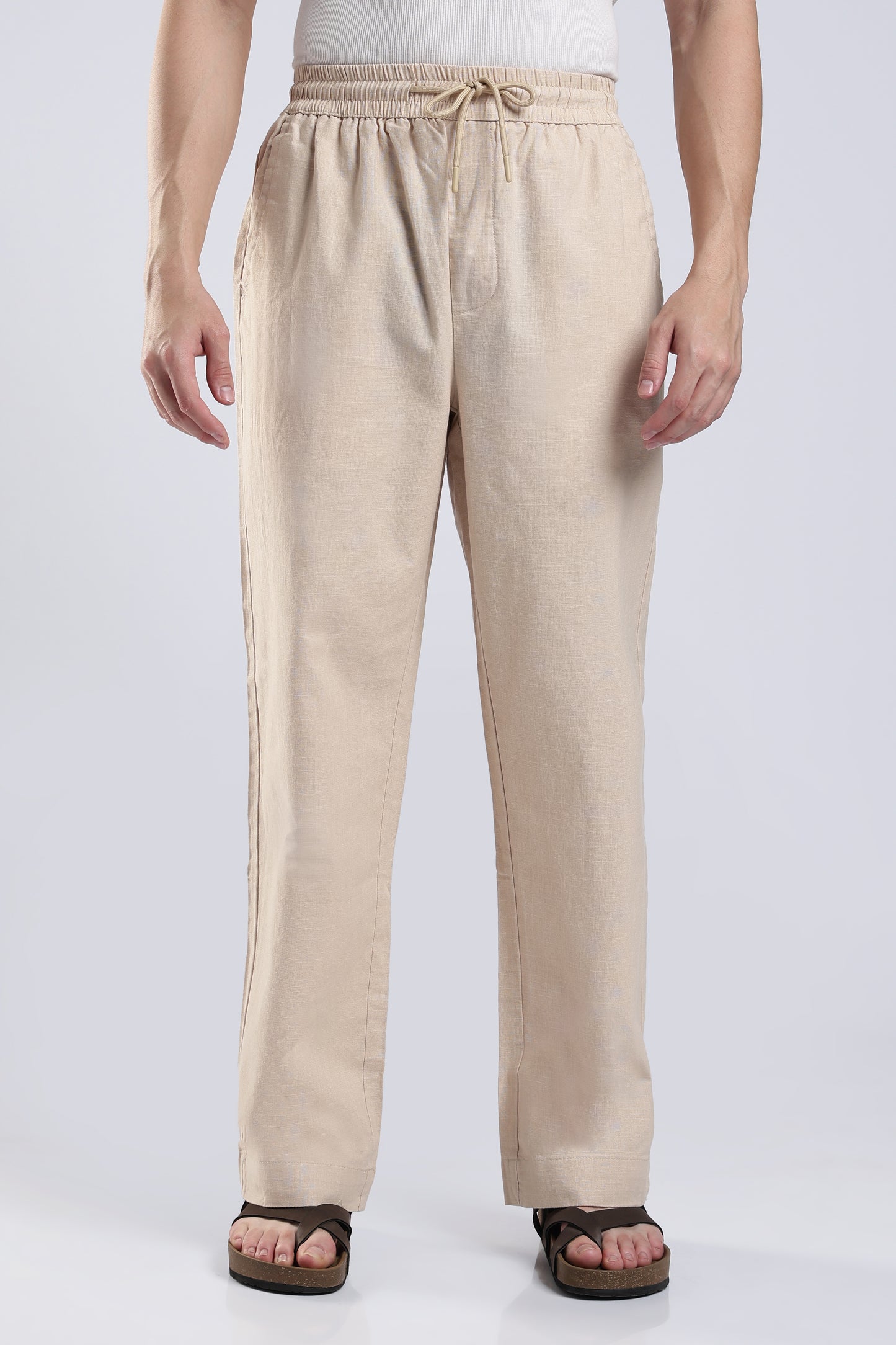 LINEN TAN BEIGE STRAIGHT FIT PANTS