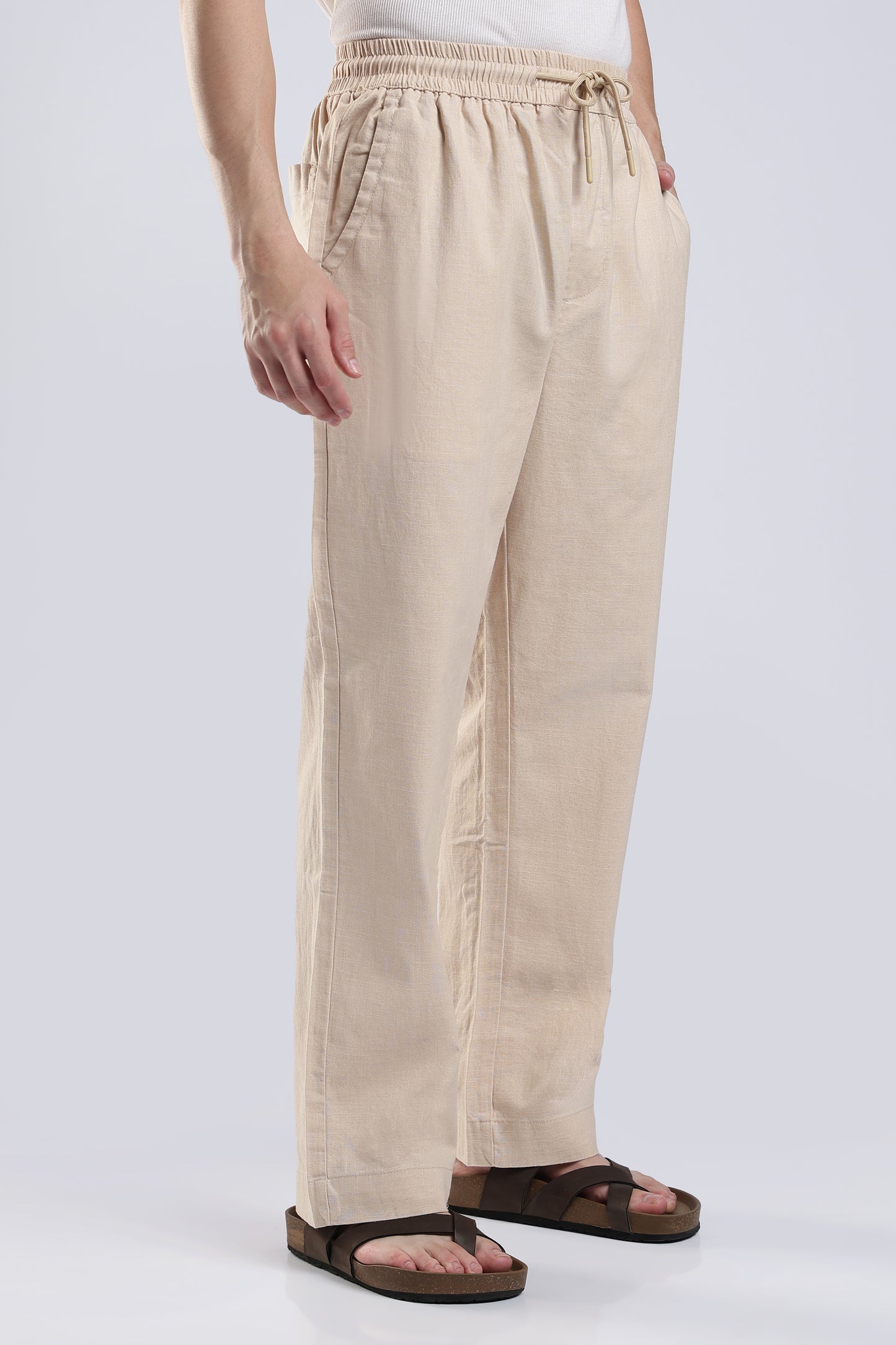 LINEN TAN BEIGE STRAIGHT FIT PANTS