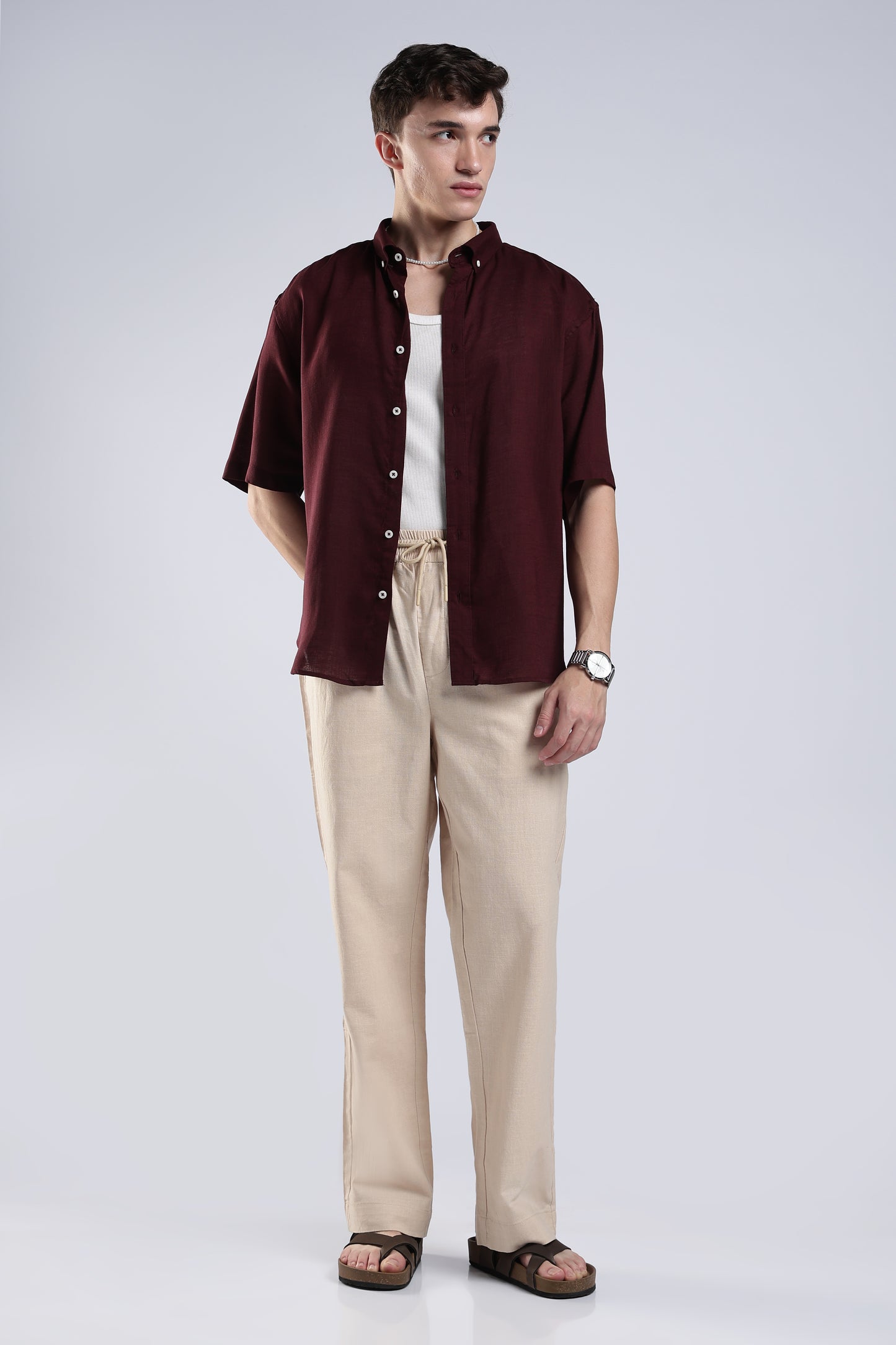 LINEN TAN BEIGE STRAIGHT FIT PANTS