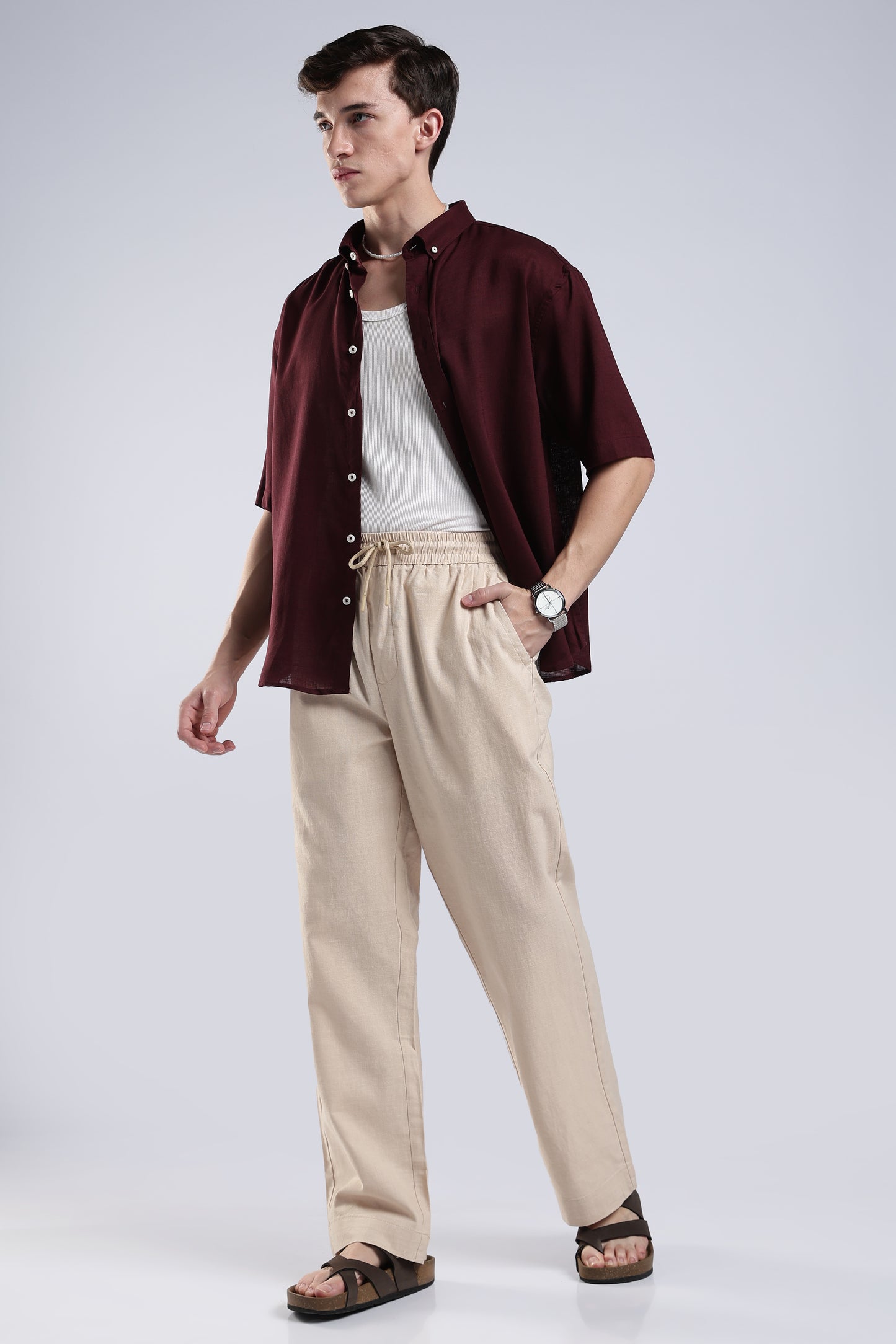LINEN TAN BEIGE STRAIGHT FIT PANTS