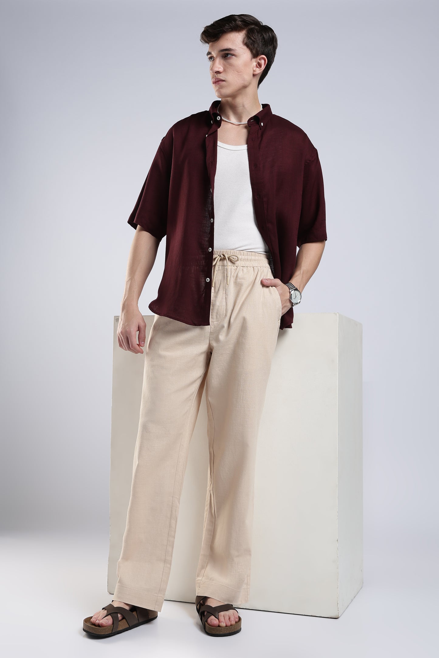 LINEN TAN BEIGE STRAIGHT FIT PANTS