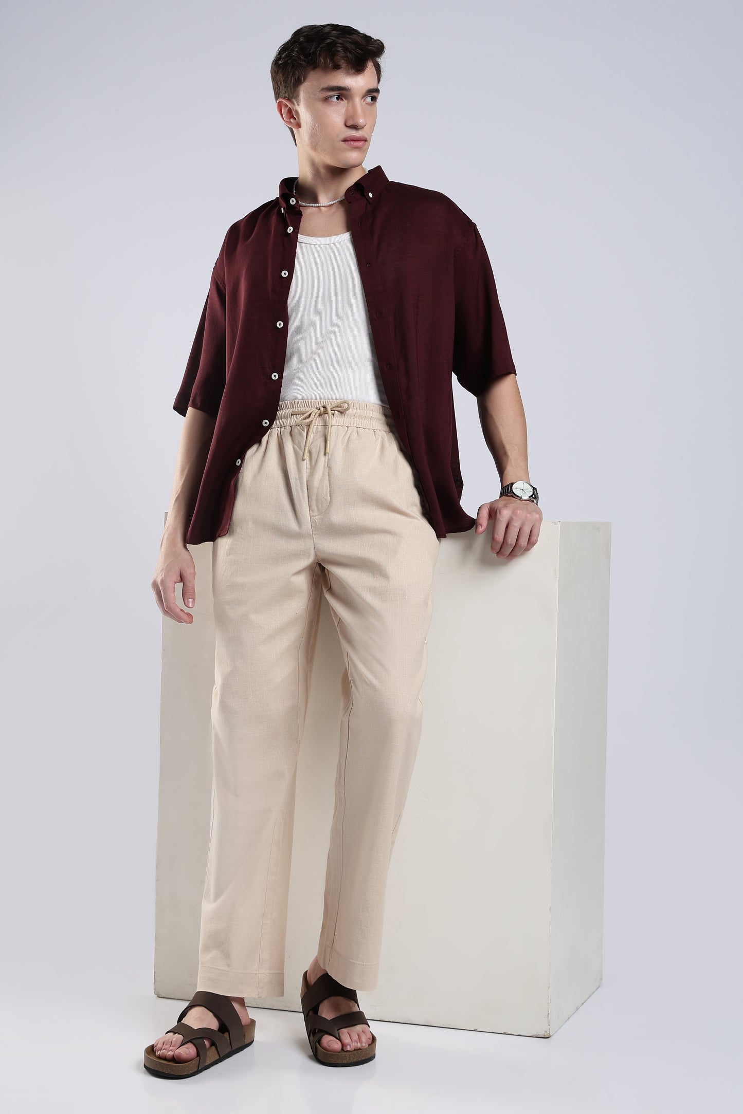 LINEN TAN BEIGE STRAIGHT FIT PANTS