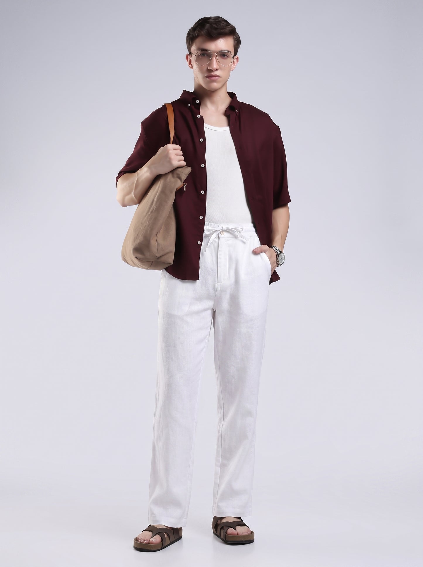 Linen Button Finish White  Straight Fit Pants