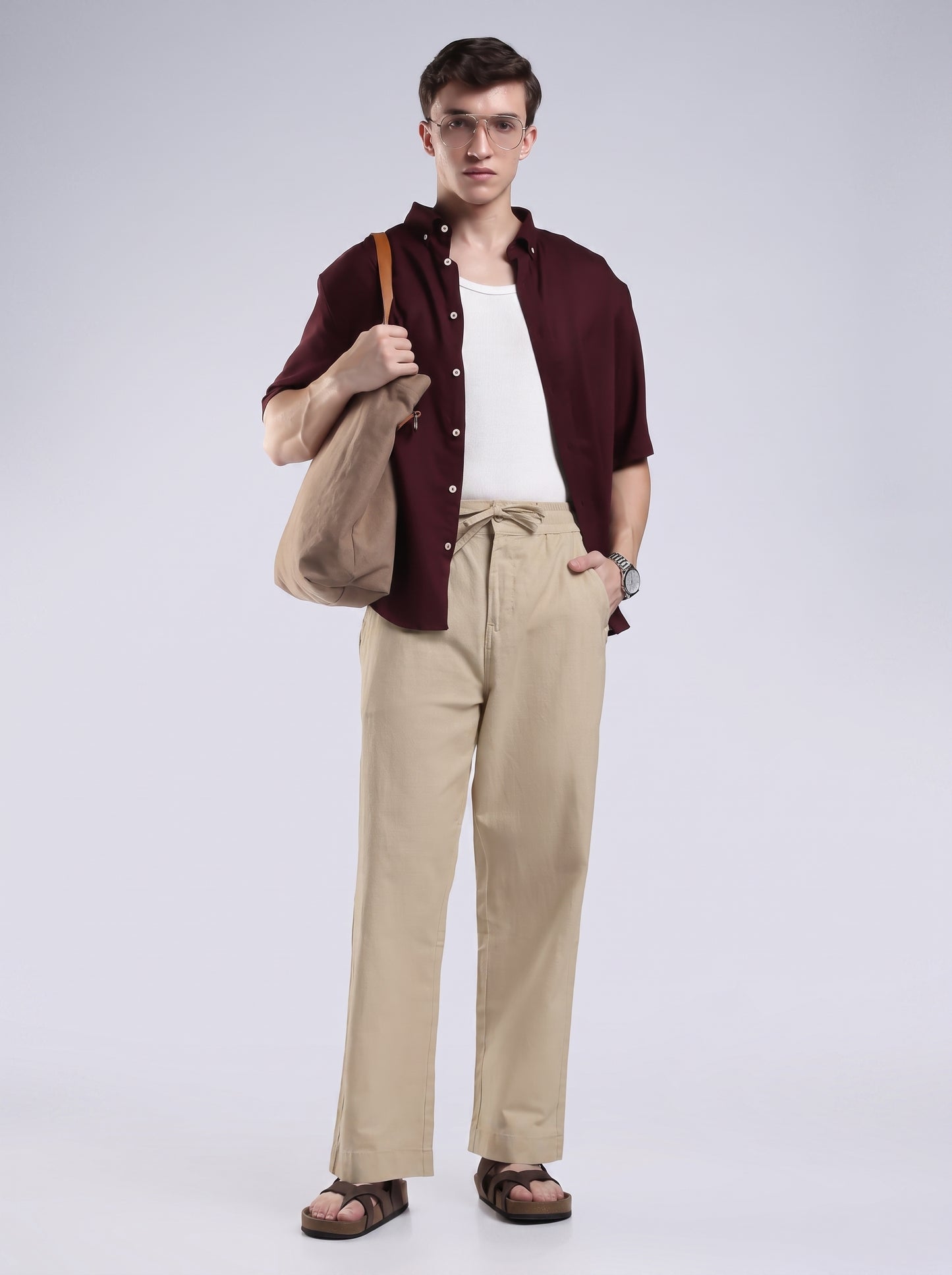 Linen Button Finish Neutral Beige Straight Fit Pants .