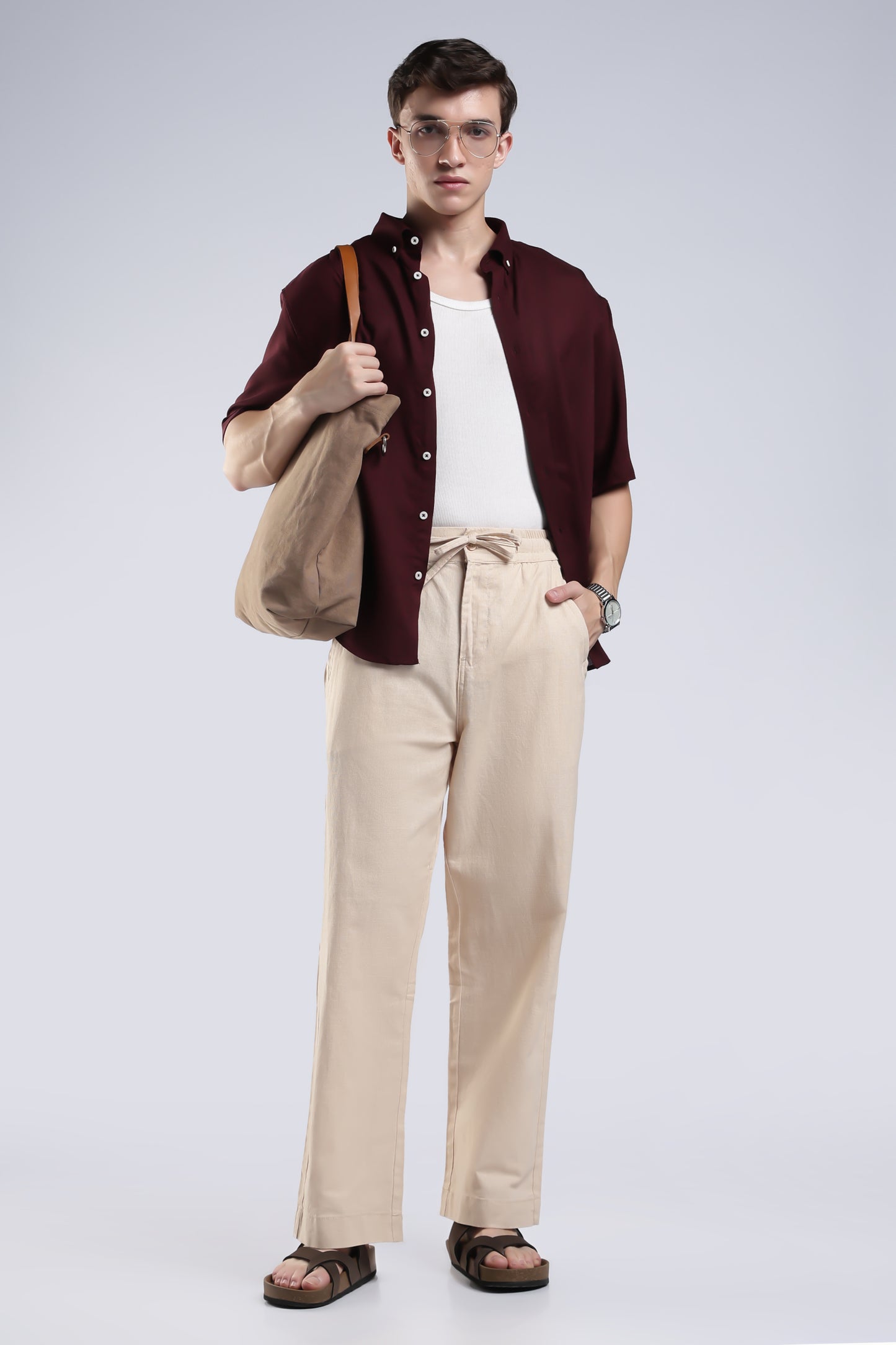 Linen Button Finish Beige  Straight Fit Pants .