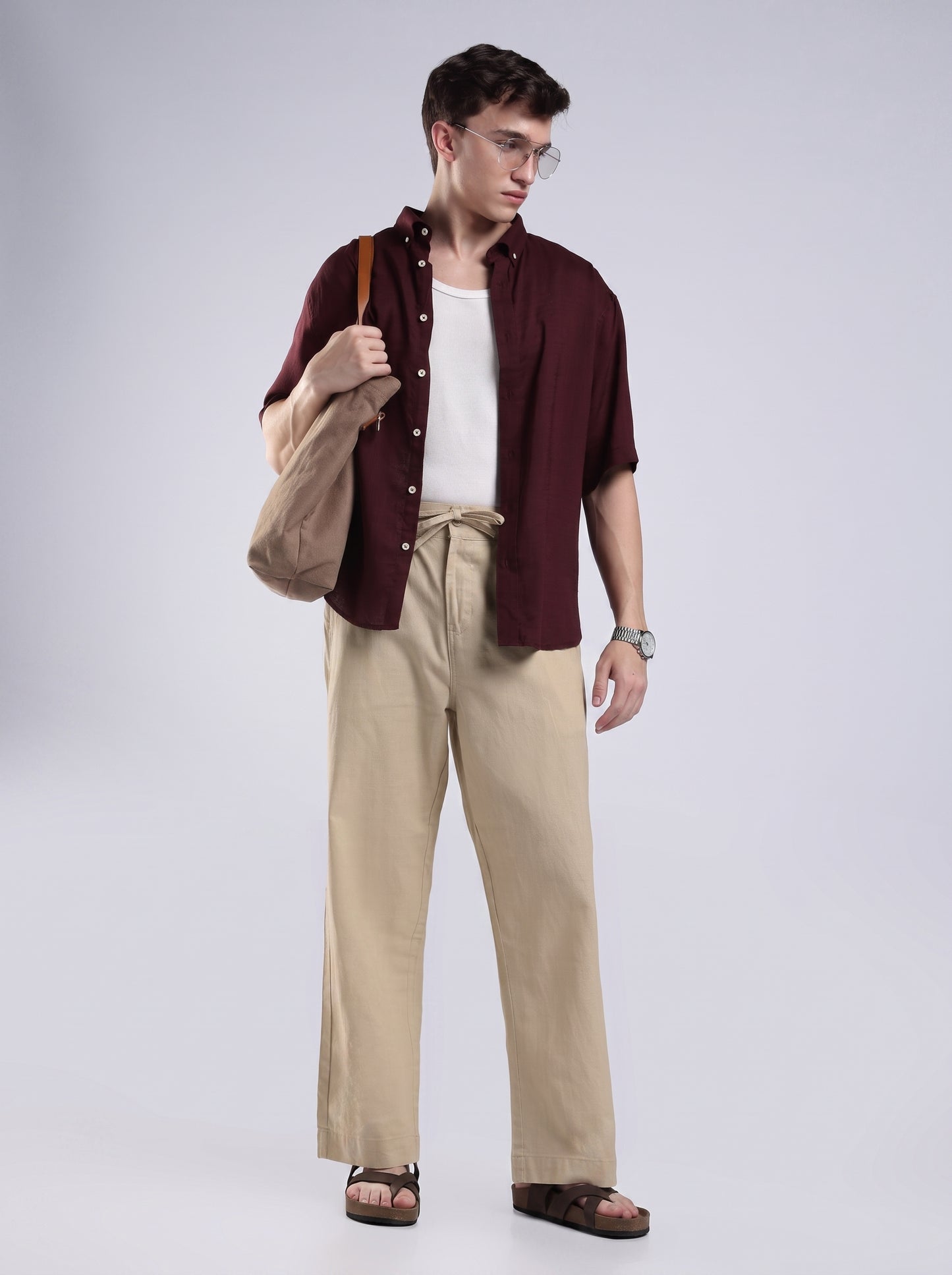 Linen Button Finish Neutral Beige Straight Fit Pants .