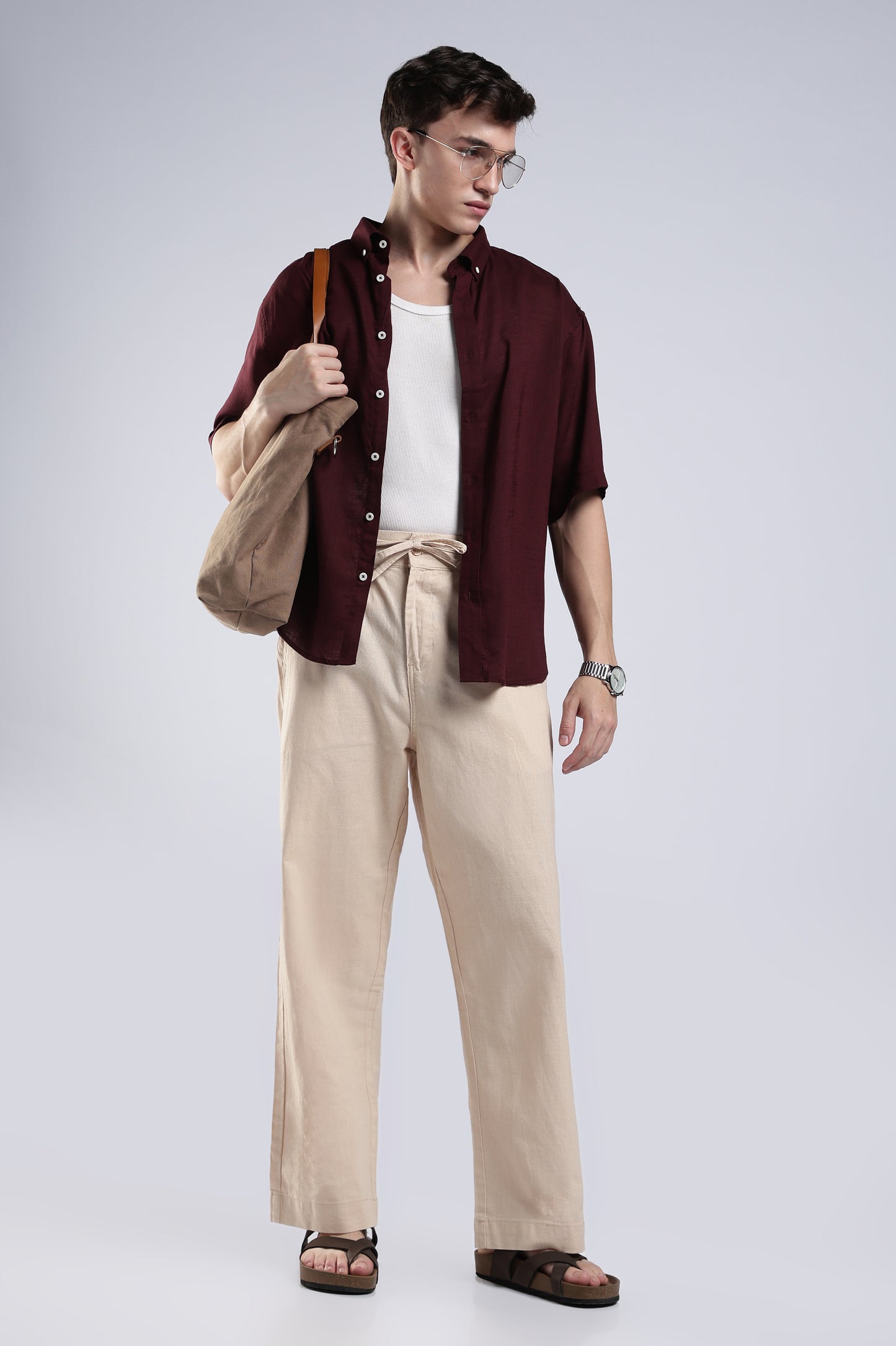 Linen Button Finish Beige  Straight Fit Pants .