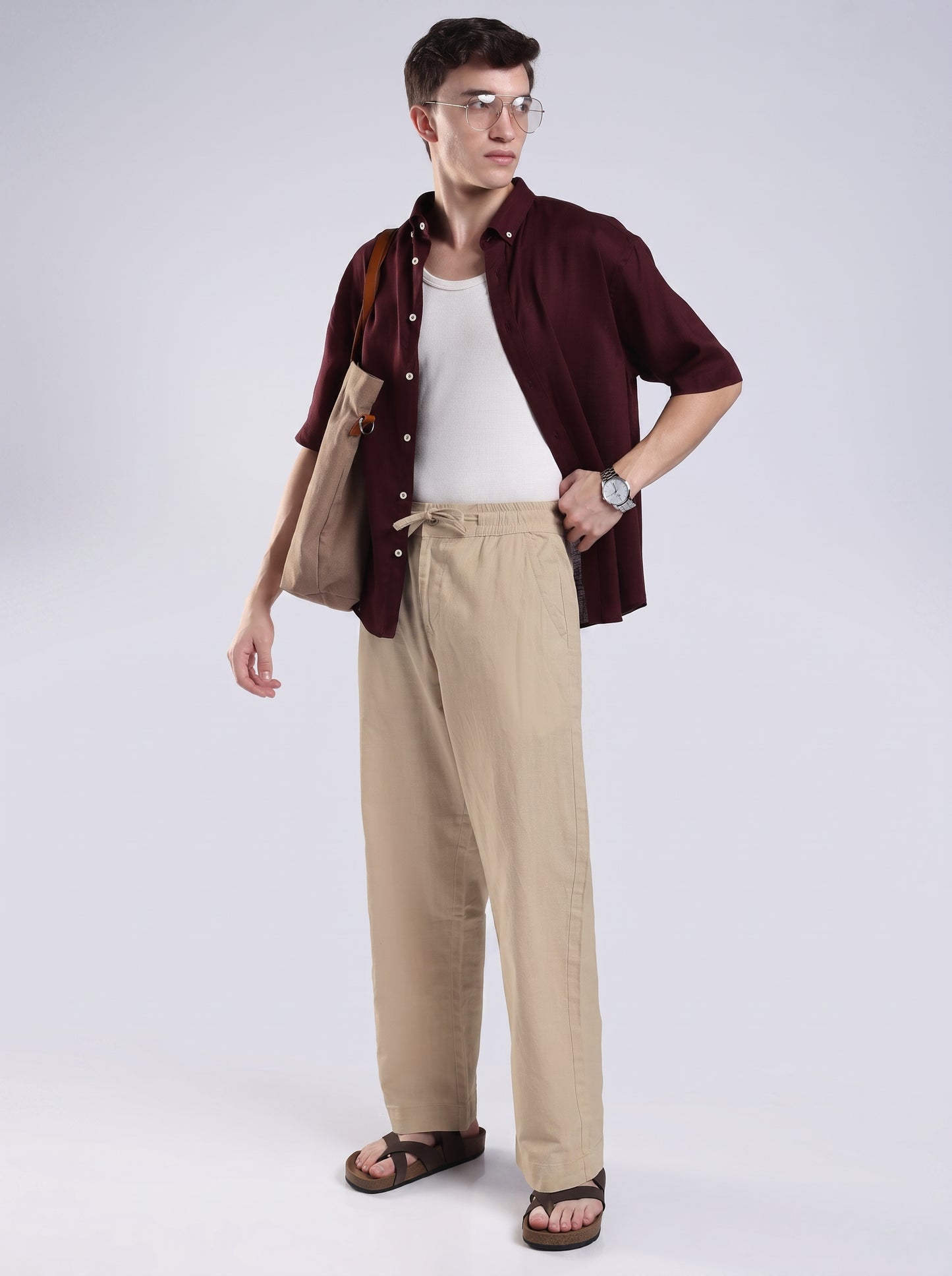 Linen Button Finish Neutral Beige Straight Fit Pants .
