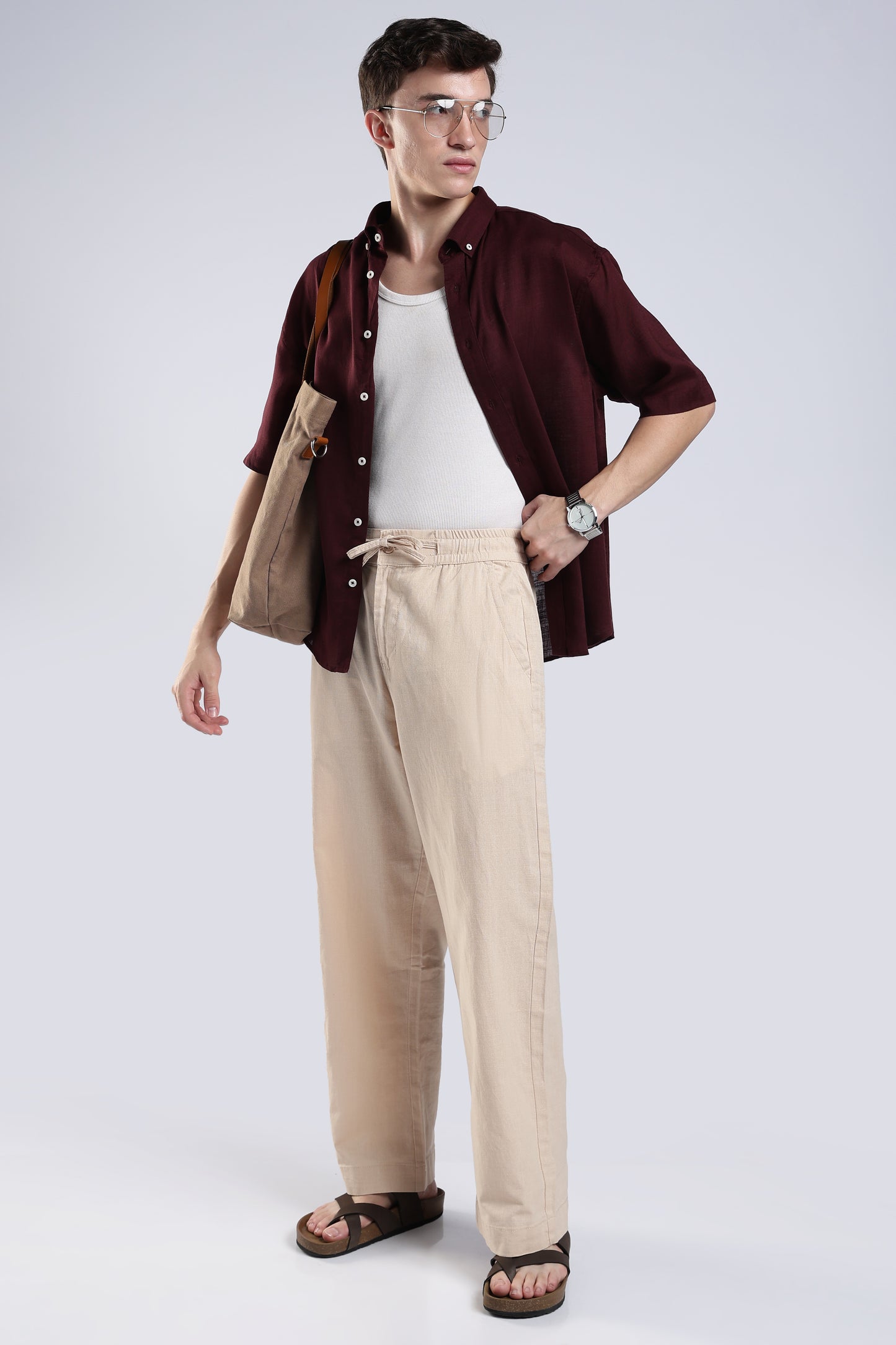 Linen Button Finish Beige  Straight Fit Pants .