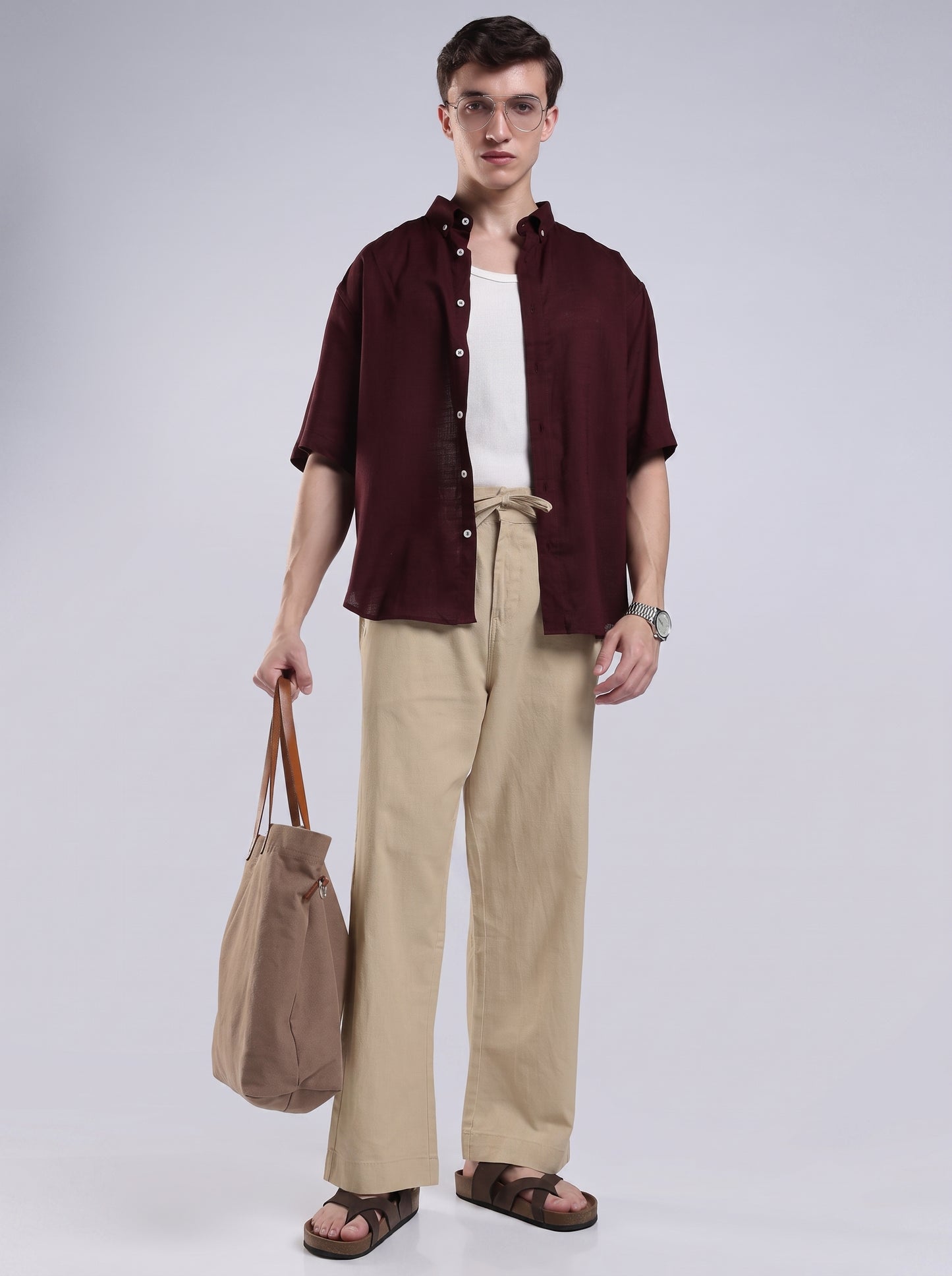 Linen Button Finish Neutral Beige Straight Fit Pants .