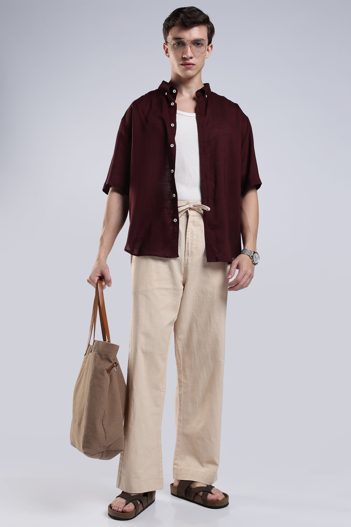 Linen Button Finish Beige  Straight Fit Pants .
