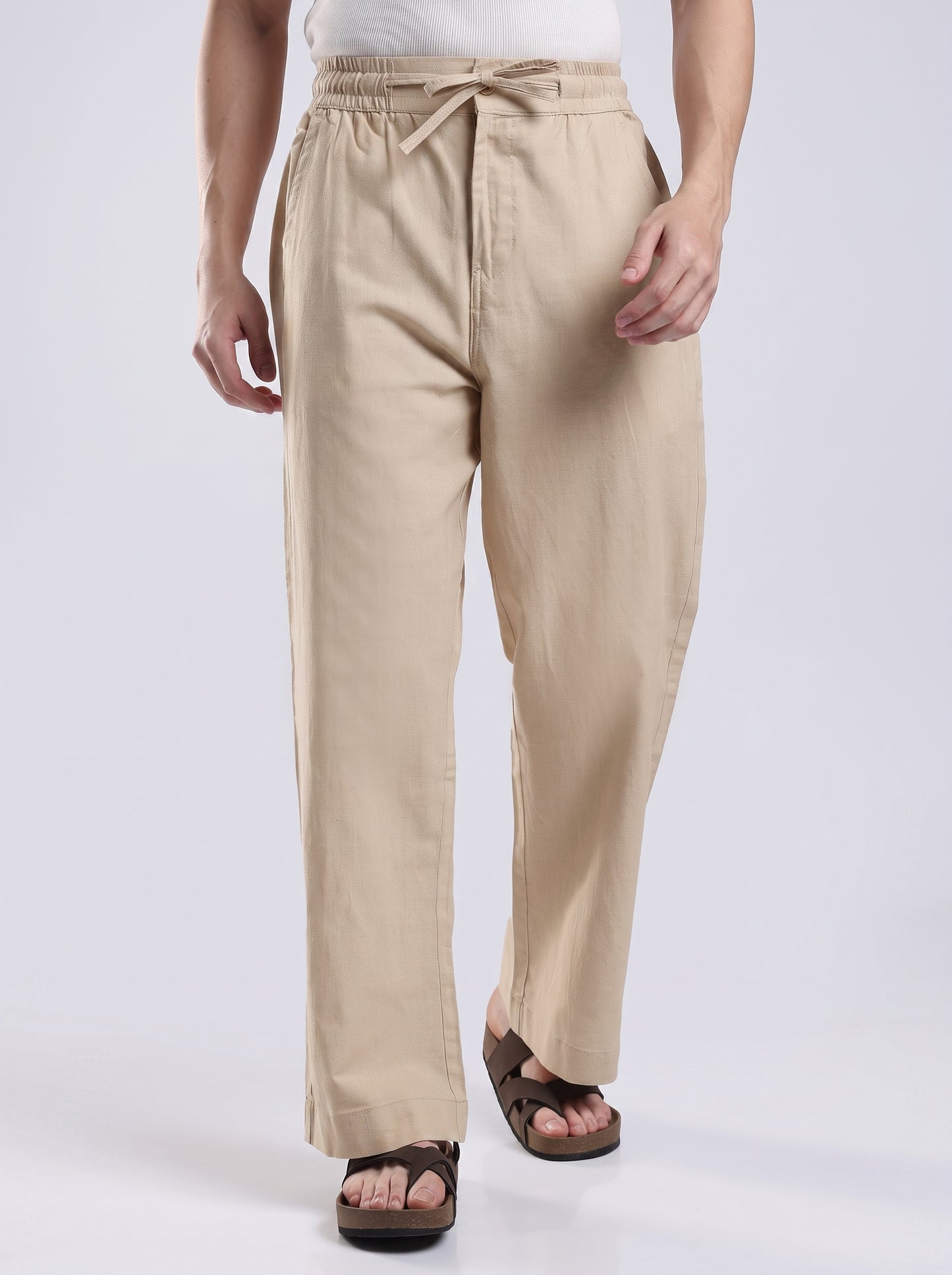 Linen Button Finish Neutral Beige Straight Fit Pants .