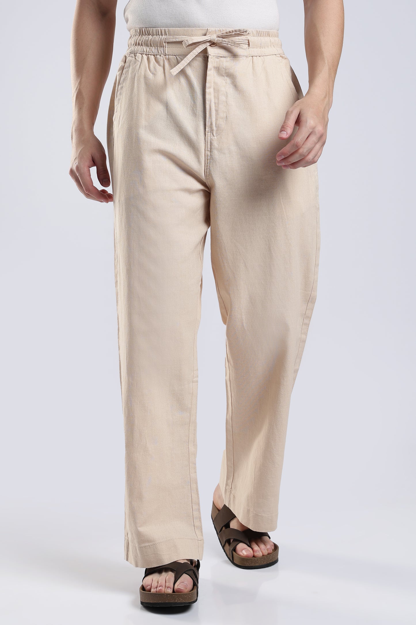 Linen Button Finish Beige  Straight Fit Pants .
