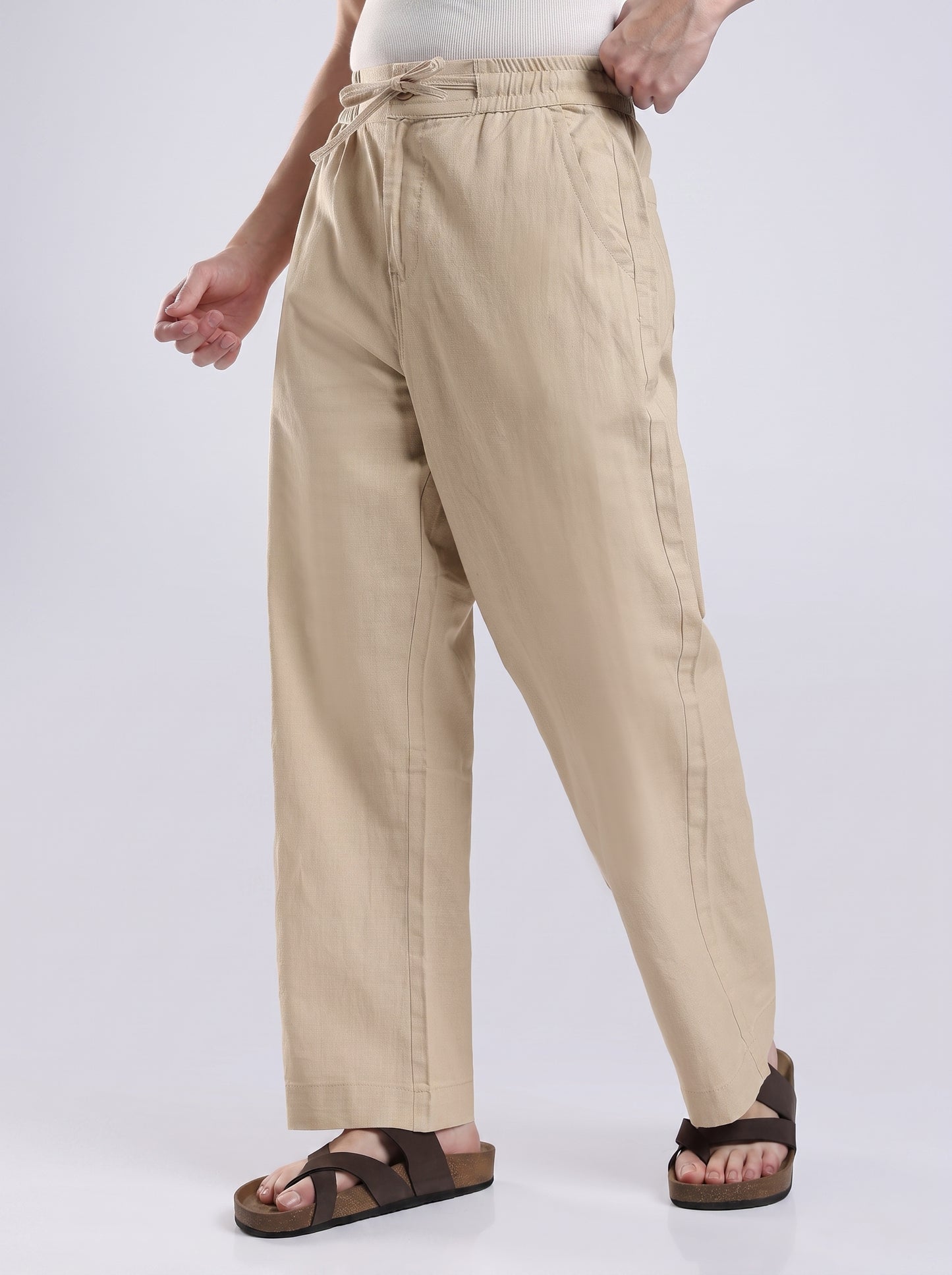 Linen Button Finish Neutral Beige Straight Fit Pants .