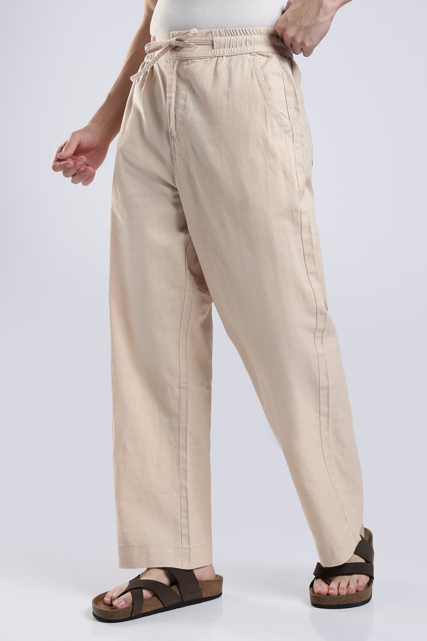 Linen Button Finish Beige  Straight Fit Pants .