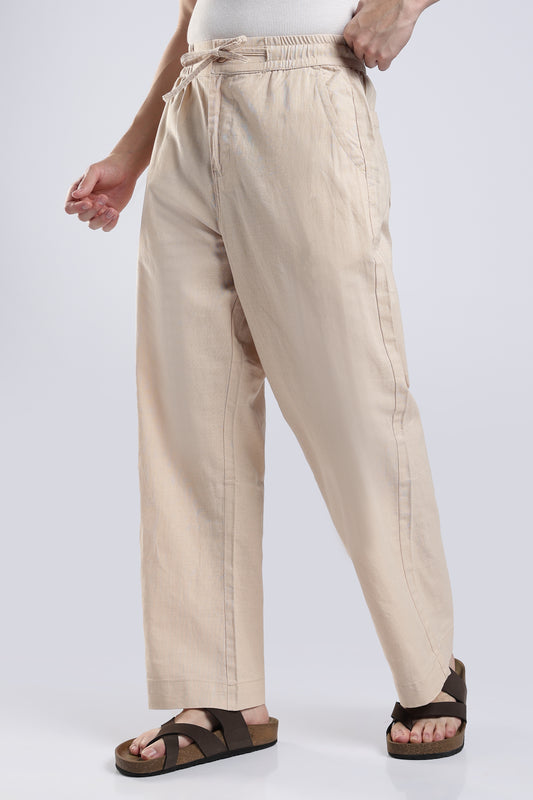 Linen Button Finish Beige  Straight Fit Pants .