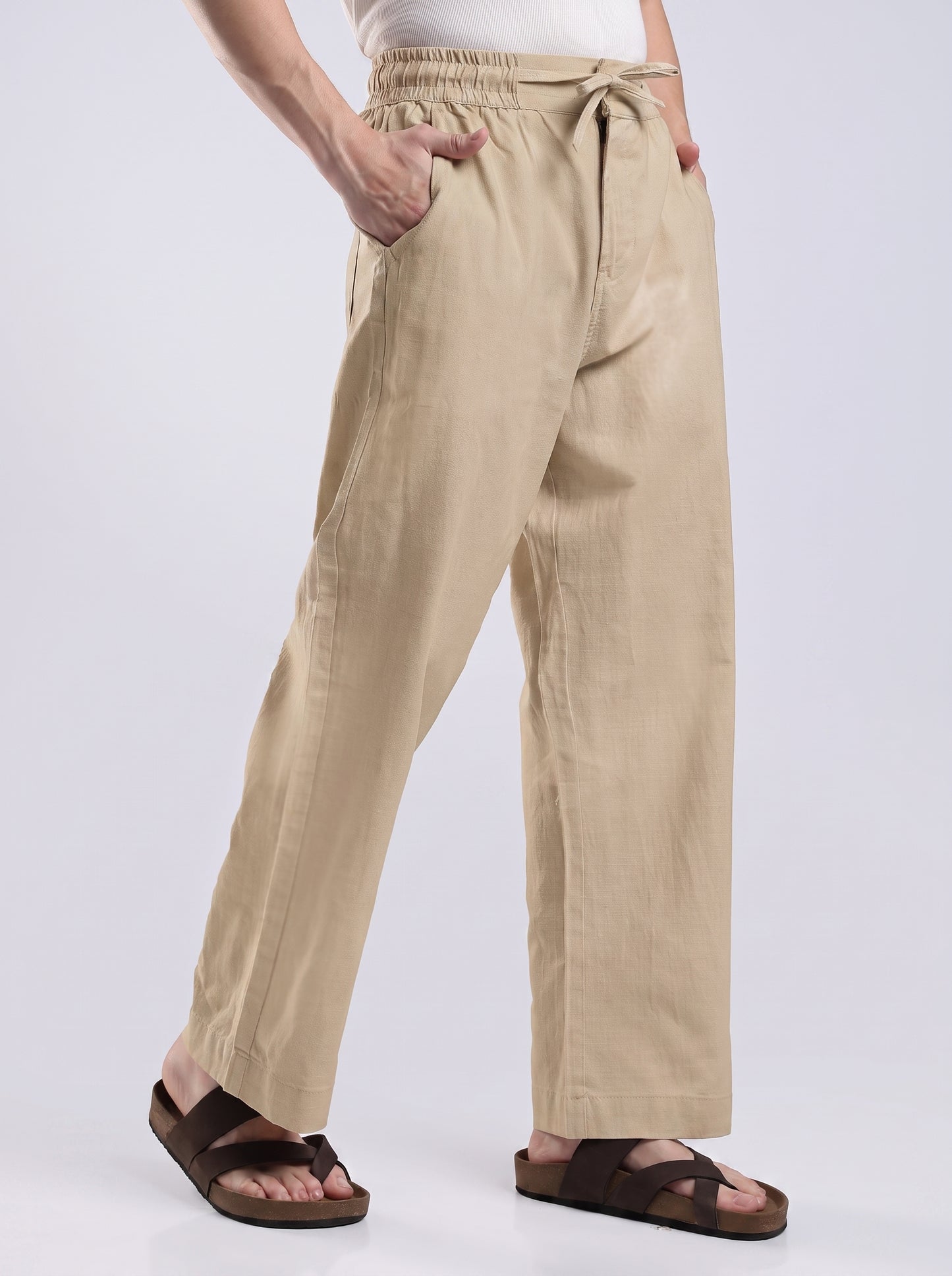 Linen Button Finish Neutral Beige Straight Fit Pants .