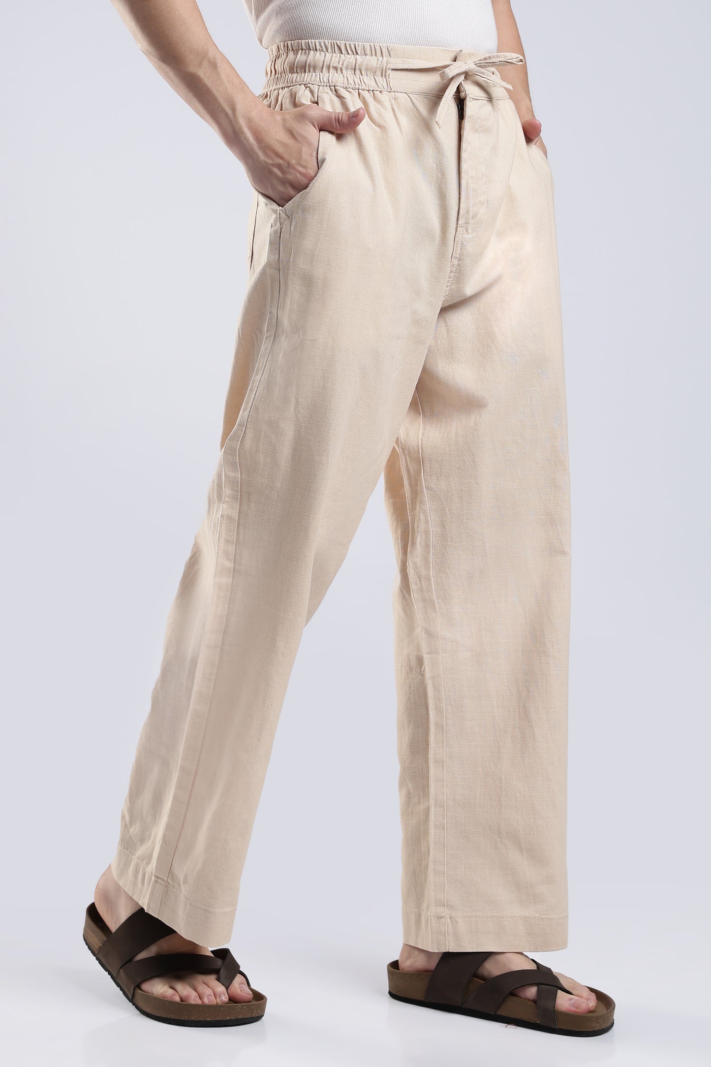 Linen Button Finish Beige  Straight Fit Pants .