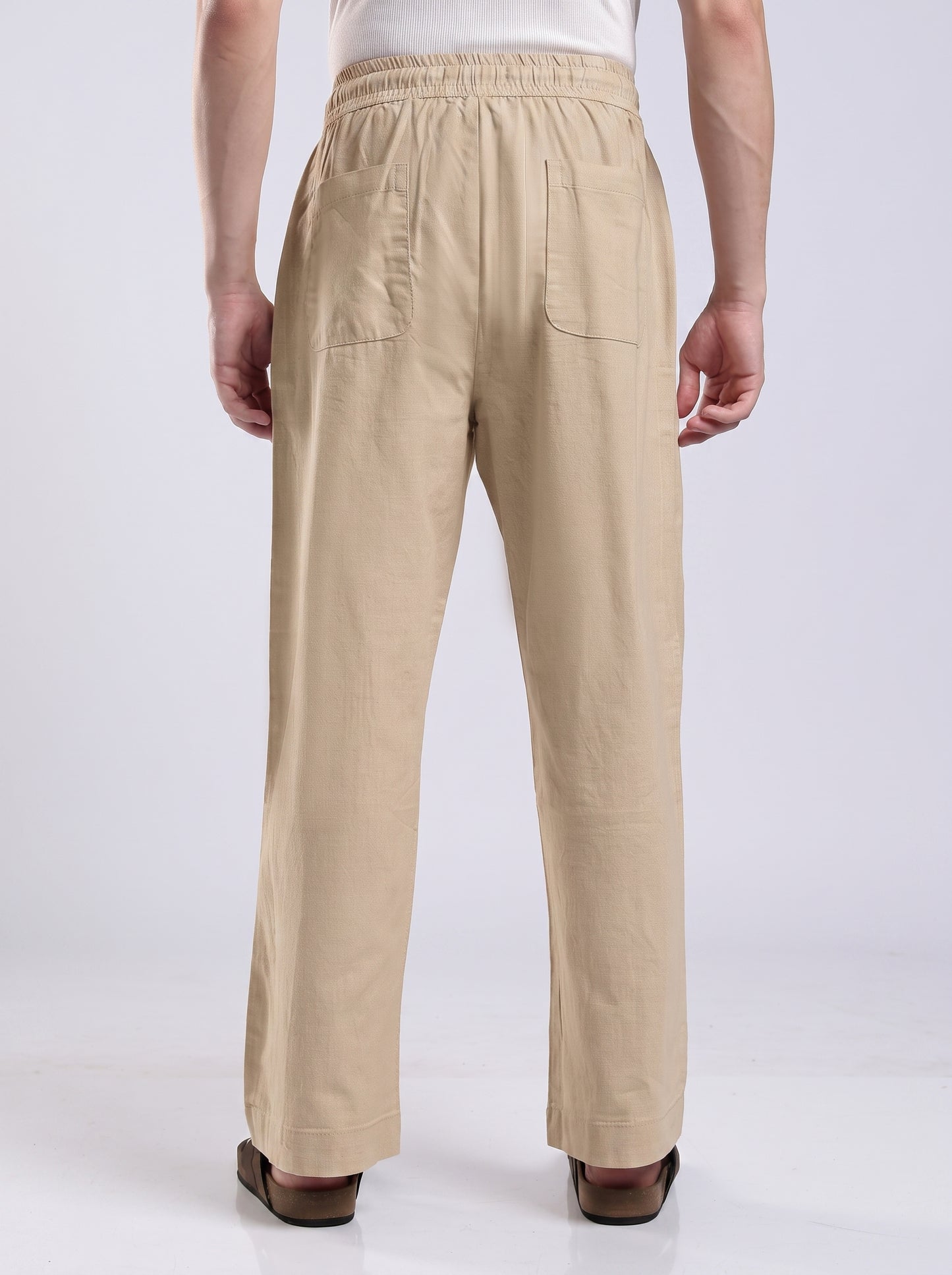 Linen Button Finish Neutral Beige Straight Fit Pants .