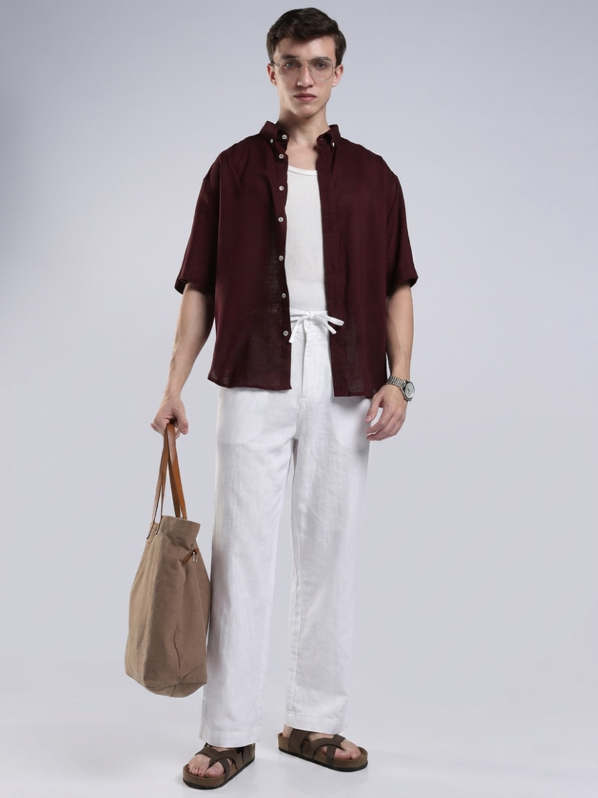 Linen Button Finish White  Straight Fit Pants