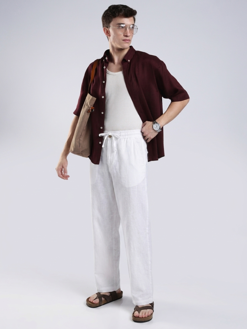 Linen Button Finish White  Straight Fit Pants